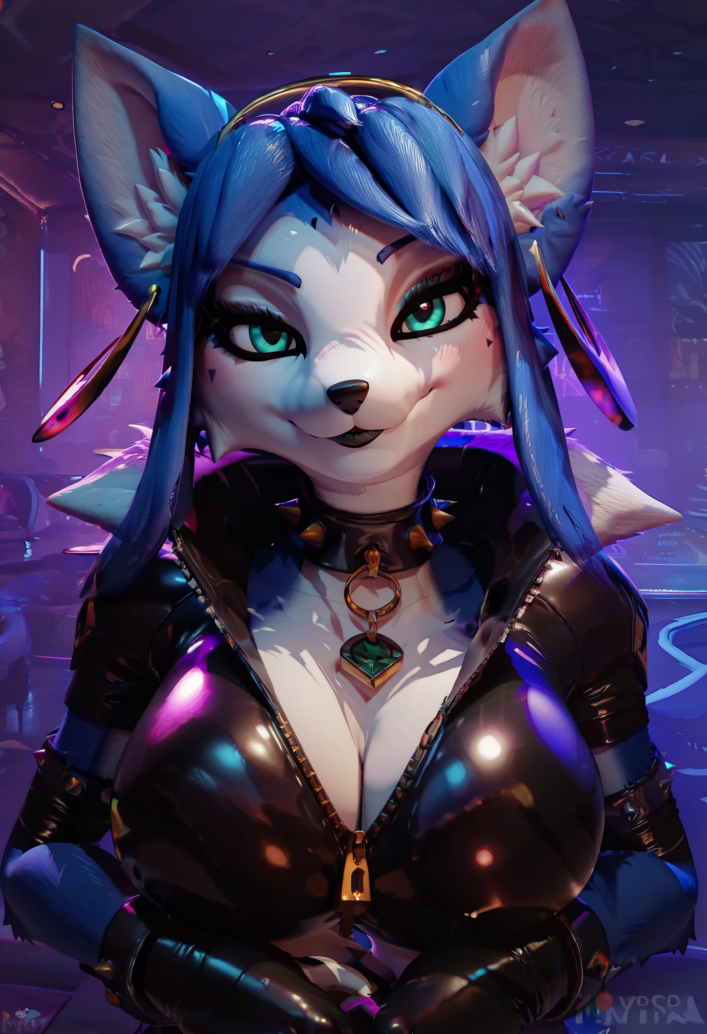 score_9,score_8_up,score_7_up, (((ultra quality))), KrystalSDXL, 1girl, furry, solo, mouth closed, multicoloured fur, blue fur, white fur, fluffy fox ears, aqua eyes, eyeliner, earrings, tail, big breasts, choker, large breasts, beautiful body, perfect cute face, high detail, perfect cute face, high detail, perfect face, ,gloves, choker, black bodysuit, fur trim, strip club, skin tight, zipper, spiked collar, unzipped, jewelry, black choker, latex, shiny, center , full body, (((face focus))), score_9_up, score_8_up, score_7_up