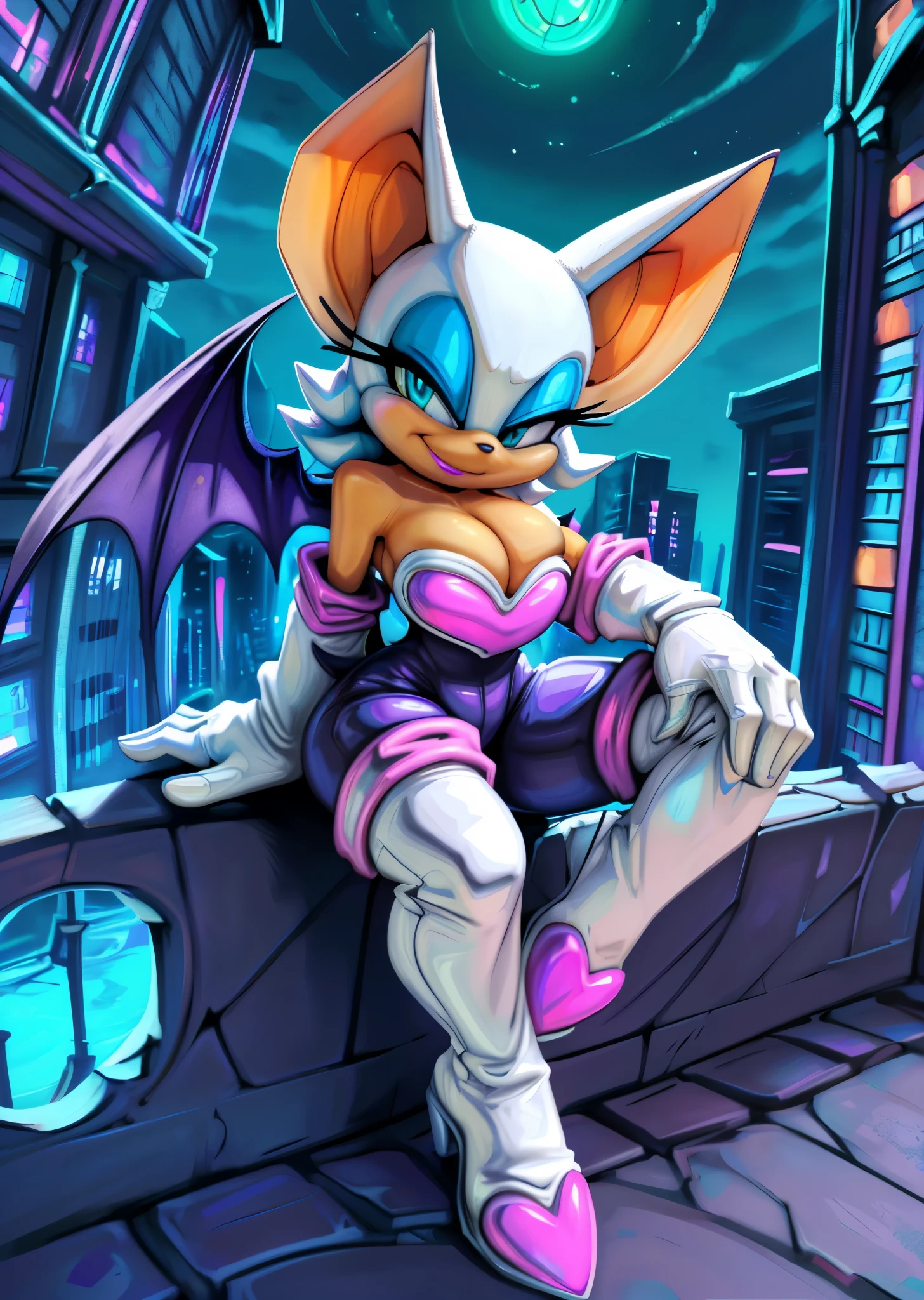 ((Rouge the bat)), ((thefuckingdevil)), ((masterpiece)), ((high resolution)), {(short tail), (bat wings), (turquoise eyes), (blue eyeshadow), (pink lipstick), (smug smirk)}, {(cleavage), (white gloves)}, {(sitting on ledge), (looking at viewer)}, ((night city))