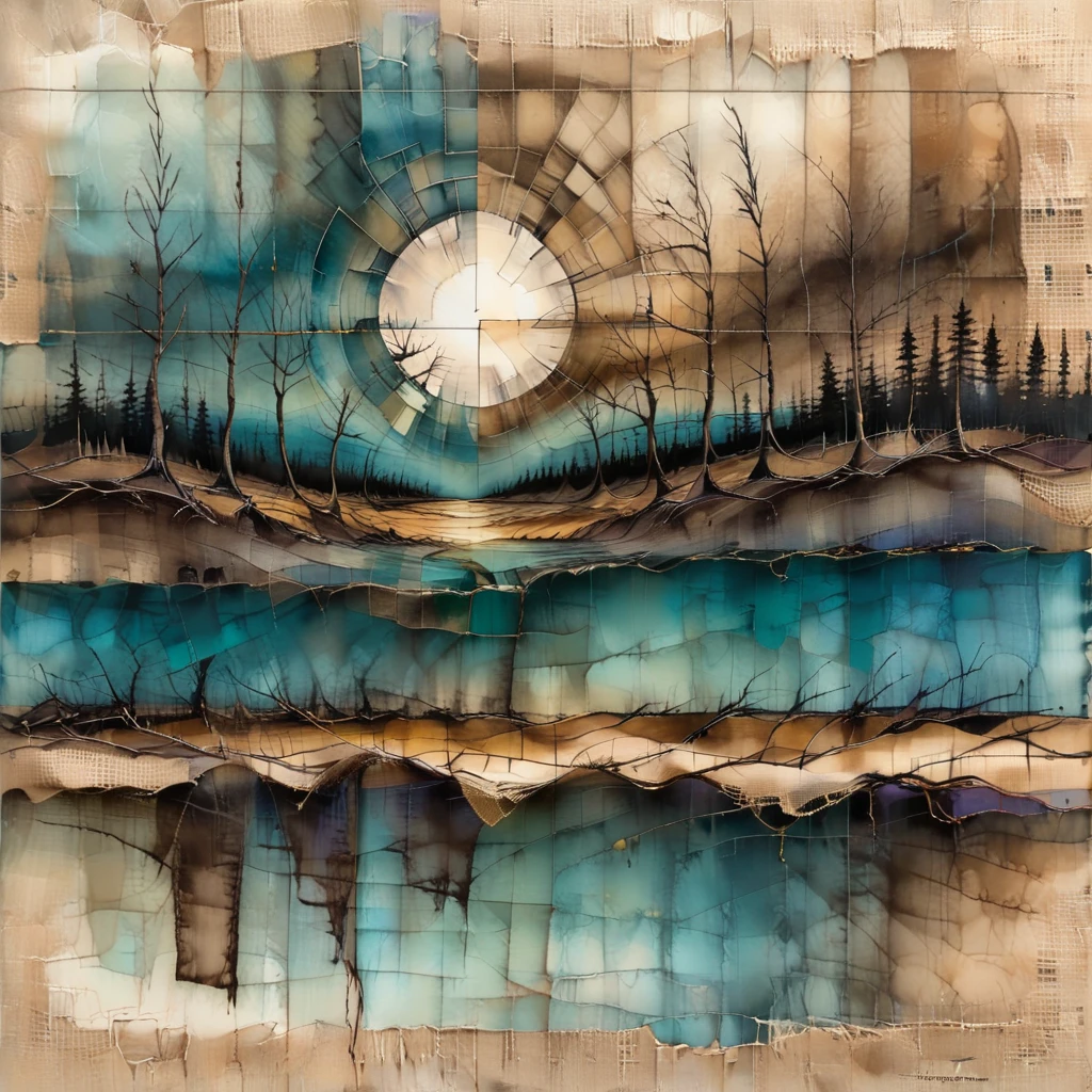 sky nature print, peninsula, stocky, alcohol ink, burlap, realism style, Vanishing Point, split complementary colors, plaid pattern, foreground effect, sepia tint accents, layered dimension, frosted texture, distressed finish  