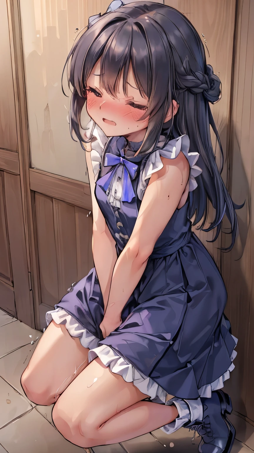 (8K, ultra-detailed, best quality, anatomically perfect body:2), (beautiful breast), shiny skin, (have to pee, shaking with the effort to hold pee), (desperate urge to pee), (very desperate to pee), (her bladder is at its limit, unable to hold pee:1.2), (Standing:1.3), (peeing self), (pee puddles), (frilled maxi dress, tights, ankle boots:1.3), (Untidy hair:1.4), (She rubbing her crotch very hard:1.8), (arch backward, knees together and feet apart:1.7), (Rub each other's thighs:1.4), (jiggled:1.6), (twisting and turning whole body:1.8), (panting heavily), (orgasm:1.5), (full face blush:1.7), (embarrassment:1.6), (impatience:1.9), (flustered:1.5), breathless, (Humiliation), (turn on), (closed eyes), (arousal), (head tilt:1.2), (slightly open mouth:0.8), (SIGMA 105 mm F/2.8, 1/100 sec shutter, award-winning), restroom door that doesn't open, (ultra-detailed face:1.2), from side, nsfw,