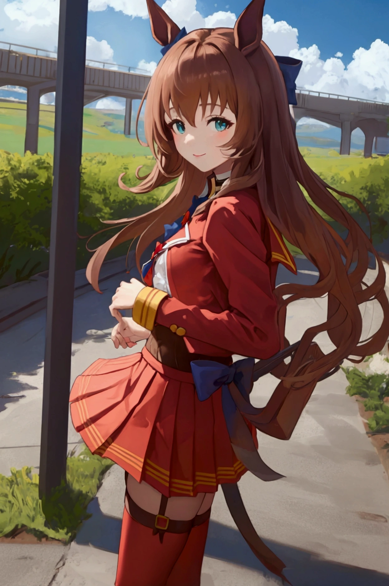 (masterpiece: 1.2), (best guality: 1.2), (ultra detailed: 1.2), 1girl, standing, hands on hip, (outdoors: 1.0), looking at viewer, light smile, maruzensky \(umamusume\), red thighhighs, red jacket, pleated skirt, red skirt, long sleeves, thigh strap, choker, red shirt, open jacket, white bow, miniskirt, open clothes, high heel boots, (covered erect nipples: 0.8)