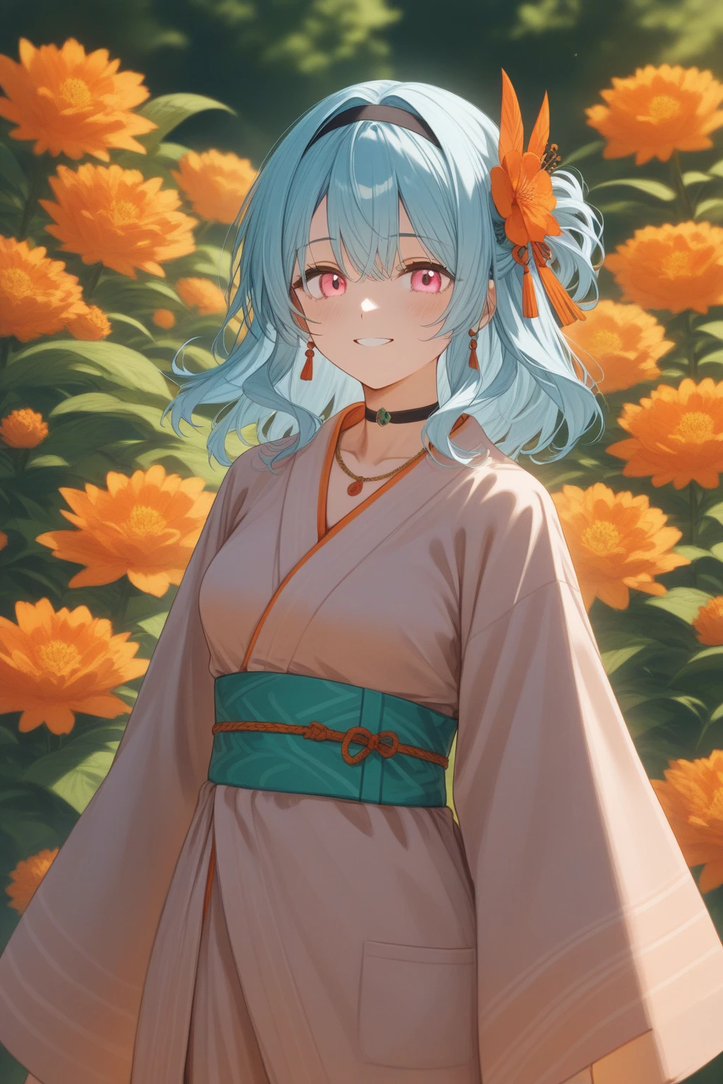 romancing saga 2, (half updo),medium hair,pink eyes, light blue hair, hair ornament, black hairband, orange flower kanzashi,(light orange yukata, emerald green obi), bangs ,black choker,necklace
BREAK
largish eyes ,oval face,medium breasts,Moist eyes、Gentle eyes、Gentle look , blush,smile,
BREAK
High Quality eyes,high definition , masterpiece,  anatomically correct ,  very detailed,  High Quality ,lens flare
BREAK
Dienamic sexy pose、evening、Summer Festival