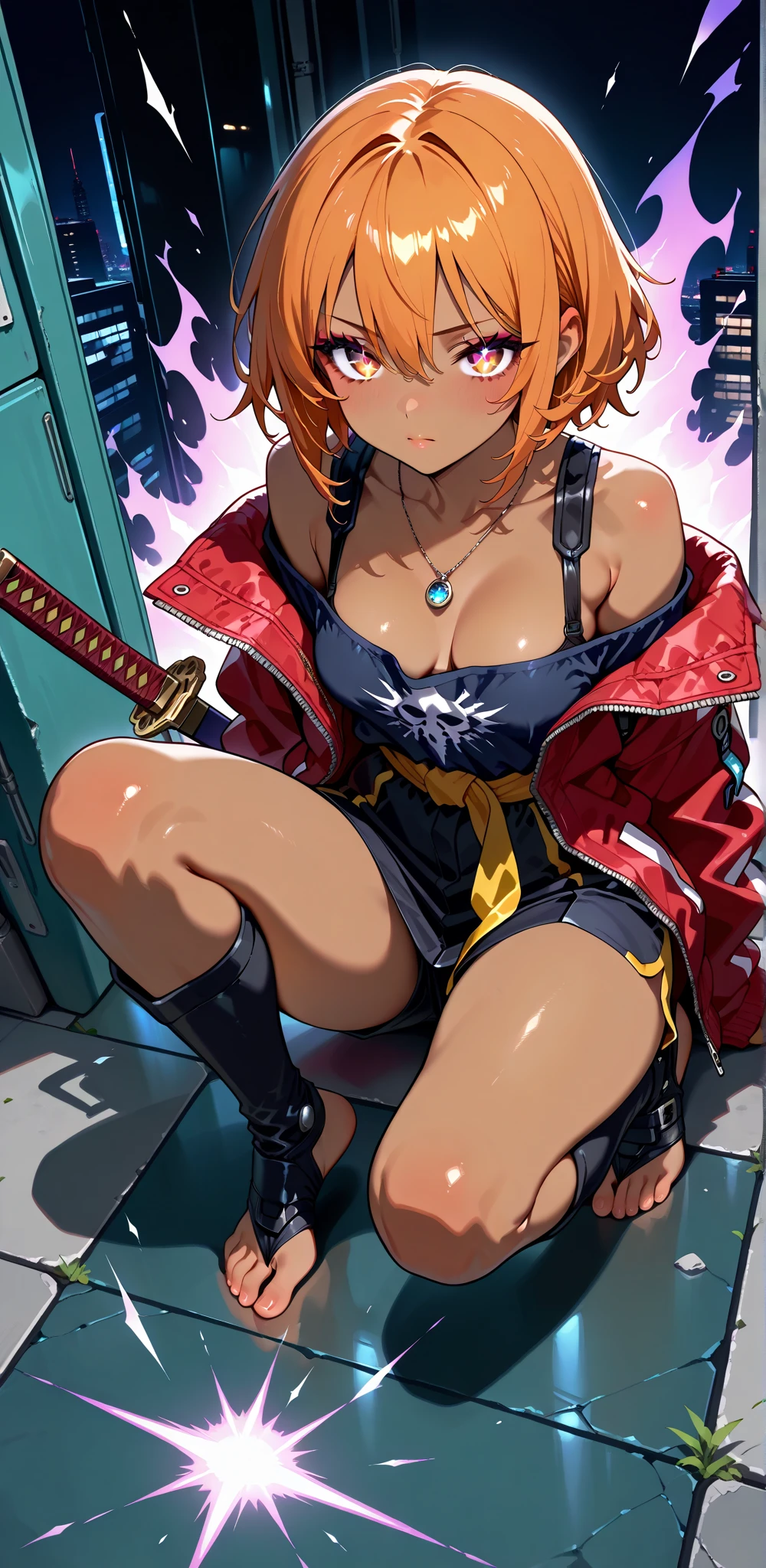 generate anime style nami onepiece one piece, com cabelos longos laranjados e amarrados, olhos perfeitos e detalhados, seios grandes e decotados, beautiful legs wearing black boots standing on pirate ship. The image features high definition 4k HDR resolution.