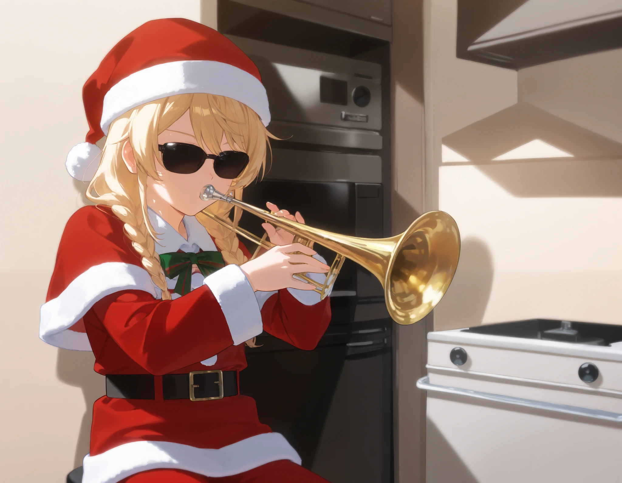 (dressed in a santa outfit), WhenMamaIsntHomeMeme, playing instrument, music, sunglasses, indoors, trumpet, kitchen