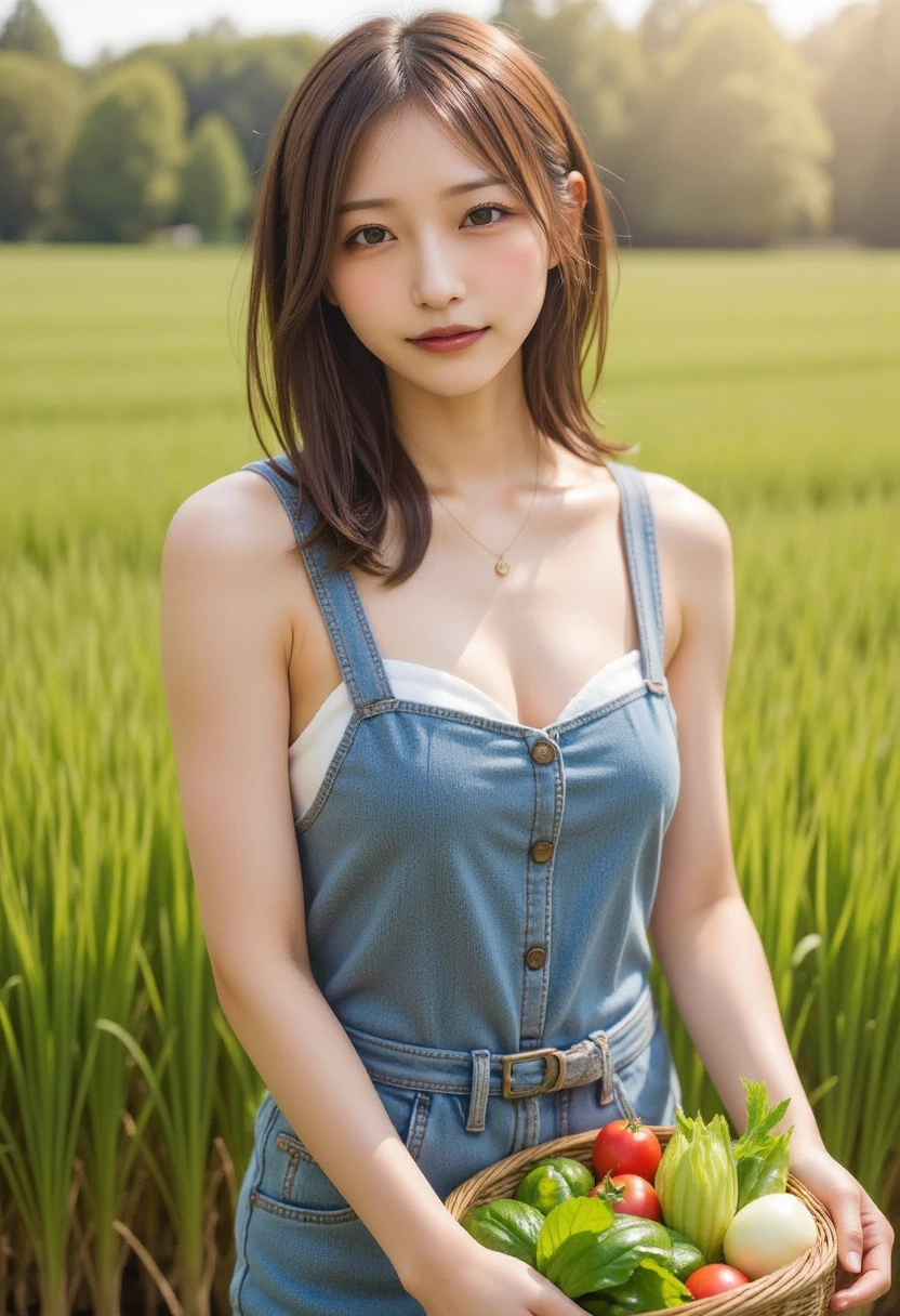 ((1girl in)),Light Brown Fringe Hair、Braided hair、disheveled hair、Light brown eyes、(dignified expression)、(Jeans Apron),(爆乳:1.4)、No shoulder、Tank Tops、((fullnude))、Emphasize the valley、grass field、blue-sky、(Photorealsitic)、(intricate detailes:1.2)、(masterpiece、:1.3)、(top-quality:1.4)、(超A high resolution:1.2)、超A high resolution、(A detailed eye)、(detailed facial features)