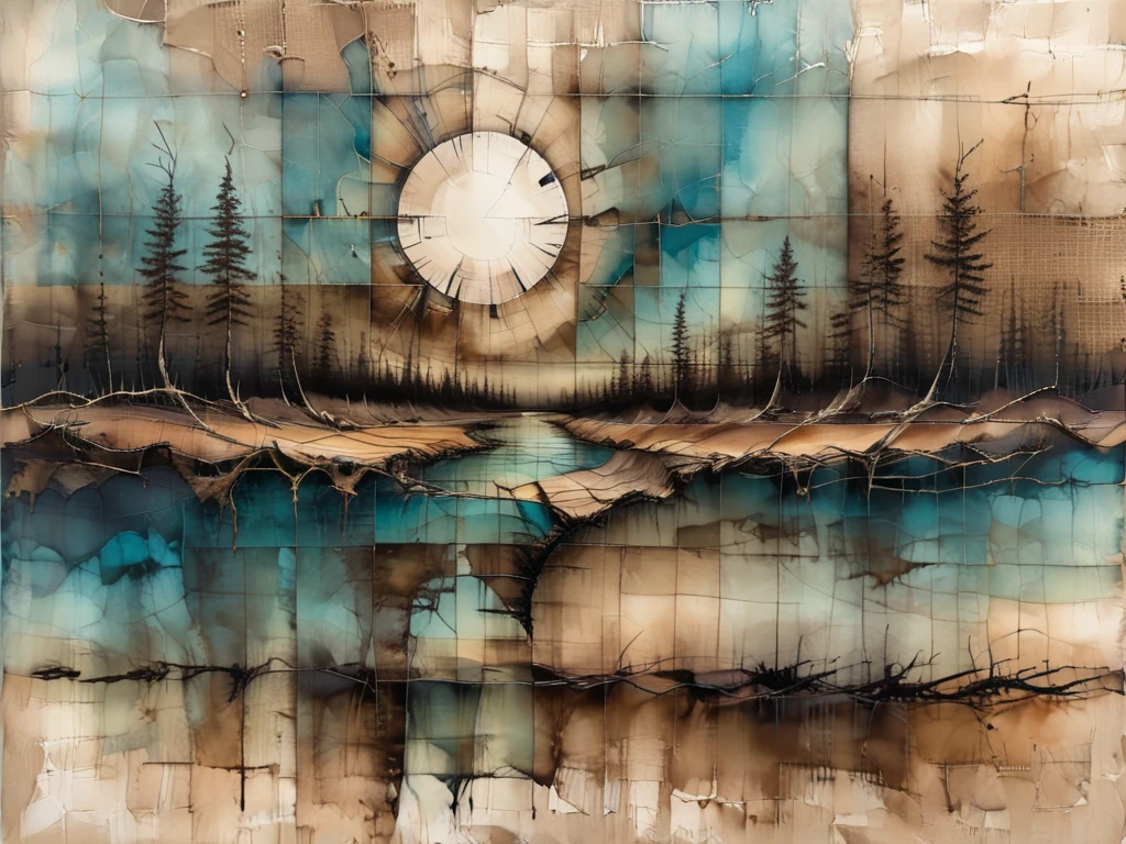 sky nature print, peninsula, stocky, alcohol ink, burlap, realism style, Vanishing Point, split complementary colors, plaid pattern, foreground effect, sepia tint accents, layered dimension, frosted texture, distressed finish  