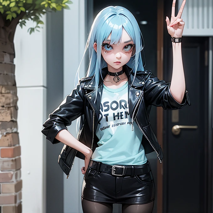  One Girl , long unkempt hair( light blue hair),Tree Eyes, flashy makeup, flat chest,skinny, anorexic,  is short, Punk Fashion（ leather jacket , vintage shirt ）,pantyhose, Greet them from the front door 