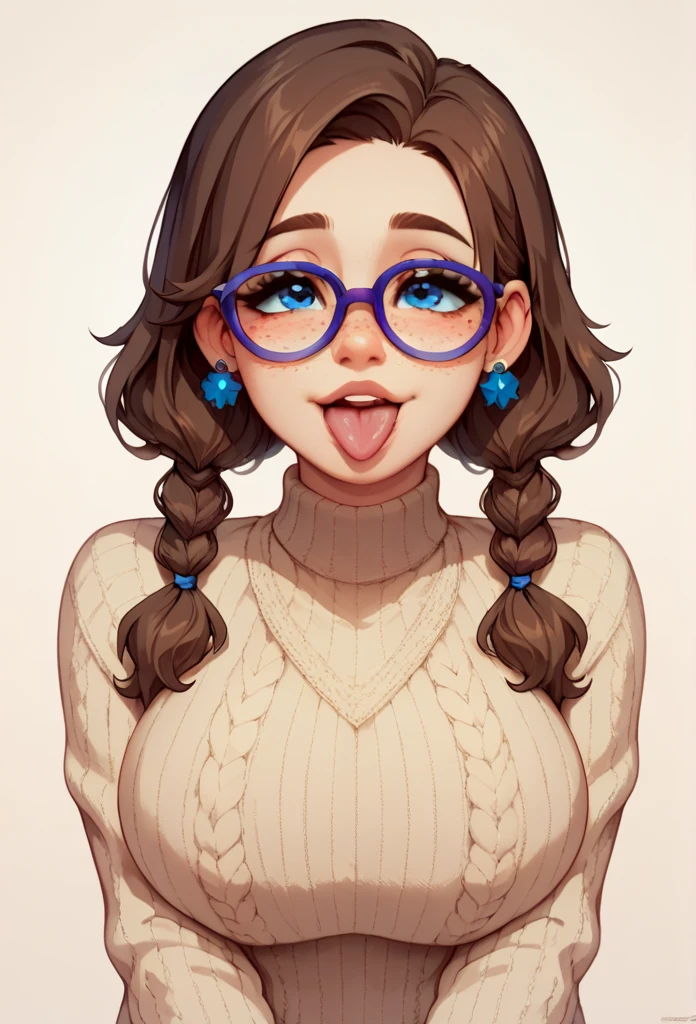 1girl, solo, masterpiece, best quality, blushing, short brown hair, messy pigtails, freckles, sticking out her tongue, blue eyes, freckles, thin round purple glasses, stud earrings, beige knitted sweater dress, cute girl, round big breasts