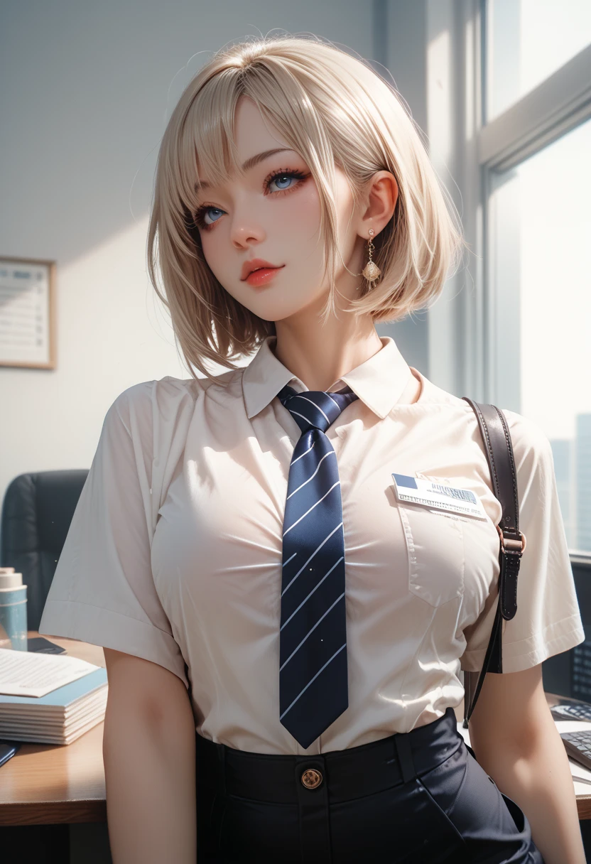 1 girl, colorful, full color, sharp detaileding (8k, hd, very smooth rendering, detailed, ultra detaileding, dynamic lighting, dynamic range, throw, detaileded background, cinematic) (bright skin: 1.5) (curved body) (realistic skin texture) black hair, short haircut, Wearing a tight uniform and inner white shirt in blue navy color, I can see a little bra, office lady, mini skirt, stockings, garter belt, Wearing black heels, full body shot, sitting on the desk ((office room)), fascinating face, naïve eyes, Squint in the middle, reach the audience, Offside looking up, look at the viewer, shoot from above