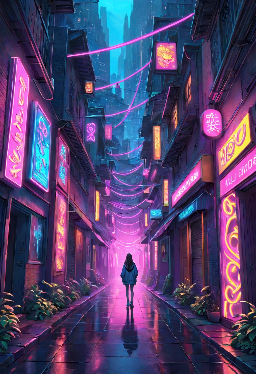 1girl, Neon Sign, PENeonSign, neon sign, glowing, colorful, masterpiece, best quality, very aesthetic, absurdres, (a vibrant composition, intense colors,high contrast),neon sign,luminous lights,dark urban alley,glowing words,nighttime cityscape,vivid futuristic atmosphere,reflections on wet pavement,neon tubes,hazy smoke,rich texture,shimmering glow,mystery in the air,electric energy,exciting nightlife,urban hustle and bustle,techno vibes,aesthetic appeal,modern design,retro feel,artsy nightlife scene,light trails,neon colors,impressive visual impact,lively and dynamic,abstract shapes,blurry background,striking visual contrast,glittering city lights,mesmerizing ambiance,electricity in the air,trendy spot to hang out,captivating visual spectacle,eye-catching display,lit-up facades,illuminated urban landscape,enticing glow,modern neon art,contemporary artistic expression,vibrant and energetic,eye-popping colors,illuminated typography,futuristic cityscape with neon lights,neon reflections,glowing city nights