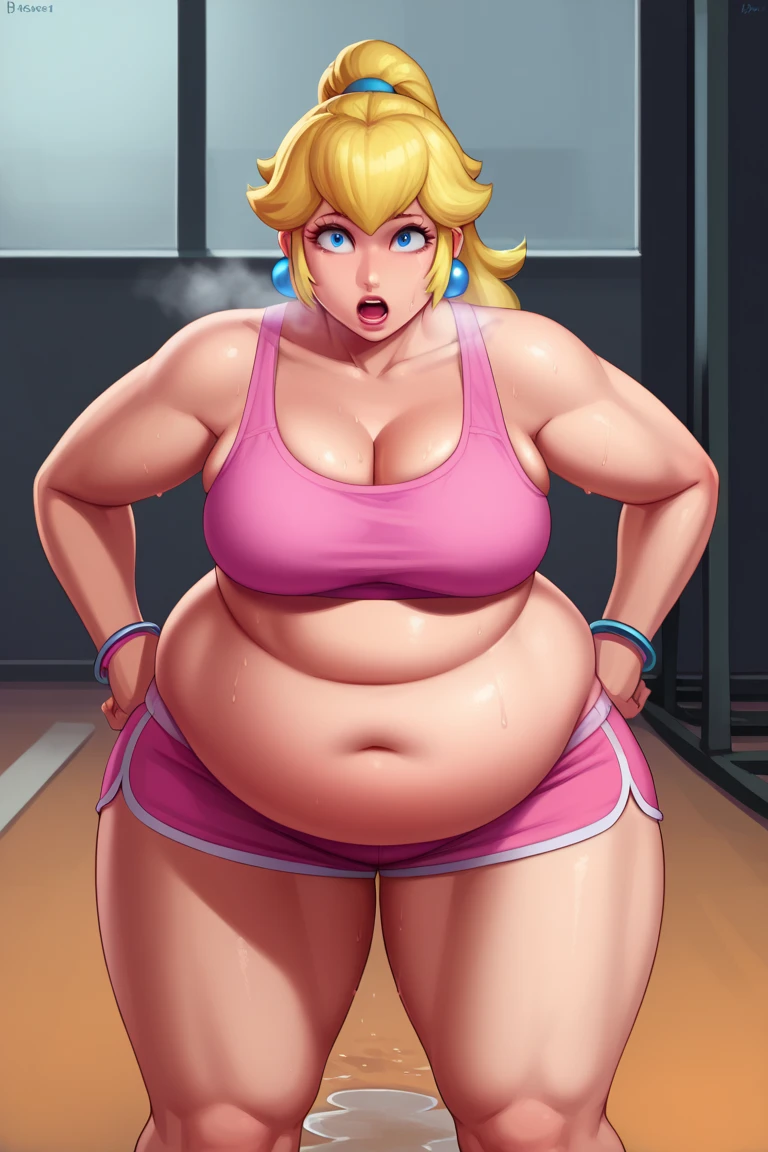 score_9, score_8_up, score_7_up, BREAK, 1girl, solo, princess peach, 1girl, solo, , blonde hair, ponytail, jewelry, bracelet, makeup, casual, cowboy shot, blue eyes, looking at the viewer, large breasts, hands on hips, pink tanktop, sweaty, pink shorts, sweating profusely, open mouth, exhausted, heavy breathing, puddle of sweat on the ground, steam coming out her mouth, gym, indoors, she wears pink shoes, thick, obese, soft belly, chubby, wide hips, sexy hips, half body, big belly, thicc thighs, chubby arms. 4k, HD, out of breath 
