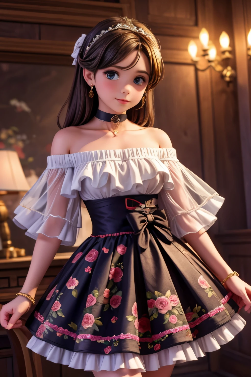 ( top quality , masterpiece),  1 girl,   Intricate Details ,  off shoulder,  skirt,  choker , frills,  see-through,  viewers, ,  upper body, Blurred Background,  floral print ,  contrast post 