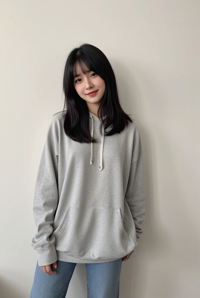 highest quality, Realistic, Very detailed, Finer details, High resolution, 8k wallpaper, One beautiful woman Standing in the house:1.3(white wall background), smile, Oversized hoodie, Skinny jeans, Black Hair, Beautiful Bangs, Perfect dynamic composition, Beautiful and detailed, A big smile waiting to start. Selfie shot.