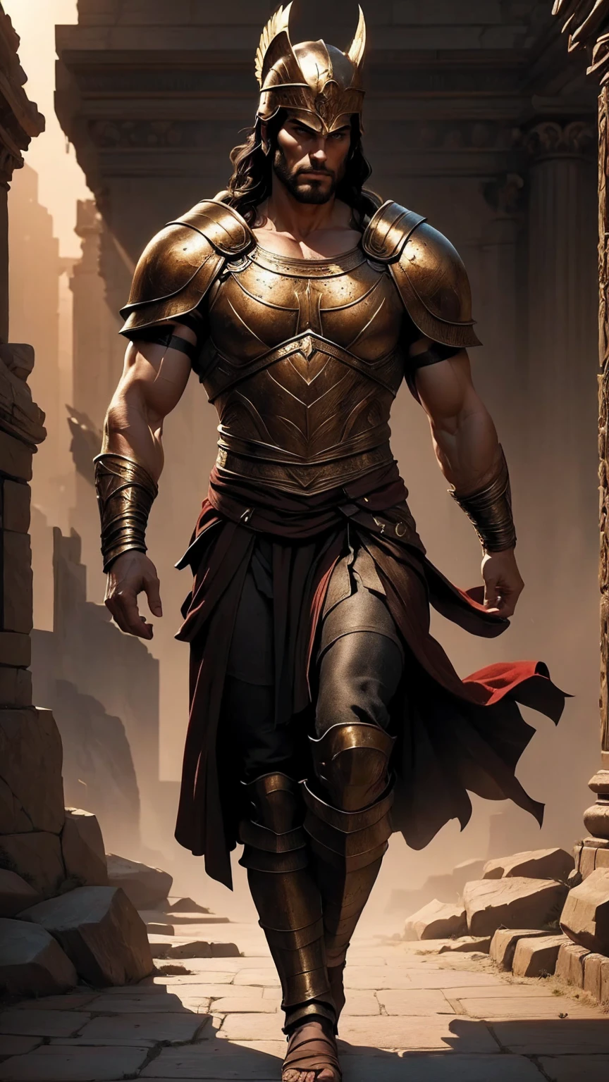 a 45 year old man, black hair, helmet ,prince of troy ,hector of troy, (best quality,4k,8k,highres,masterpiece:1.2),ultra-detailed,(realistic,photorealistic,photo-realistic:1.37),hyperrealistic,cinematic lighting,extremely detailed face and body,dramatic pose,epic scale,dramatic lighting,dark moody colors,chiaroscuro lighting,dramatic shadows, on the war, whole body, comic style, walking, in combat, show the feets