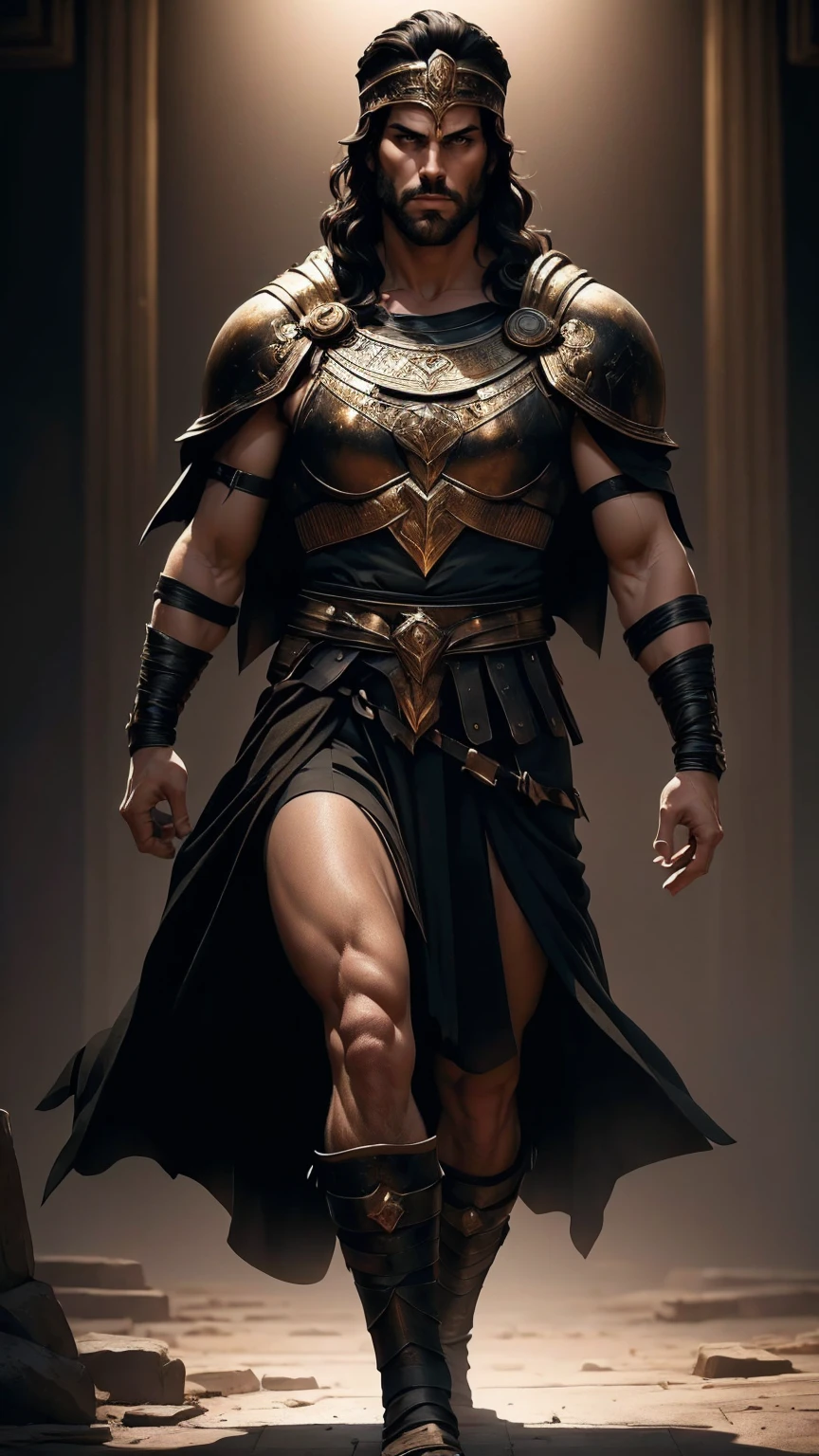 a 45 year old man, black hair, helmet ,prince of troy ,hector of troy, (best quality,4k,8k,highres,masterpiece:1.2),ultra-detailed,(realistic,photorealistic,photo-realistic:1.37),hyperrealistic,cinematic lighting,extremely detailed face and body,dramatic pose,epic scale,dramatic lighting,dark moody colors,chiaroscuro lighting,dramatic shadows, on the war, whole body, comic style, walking, in combat, show the feets