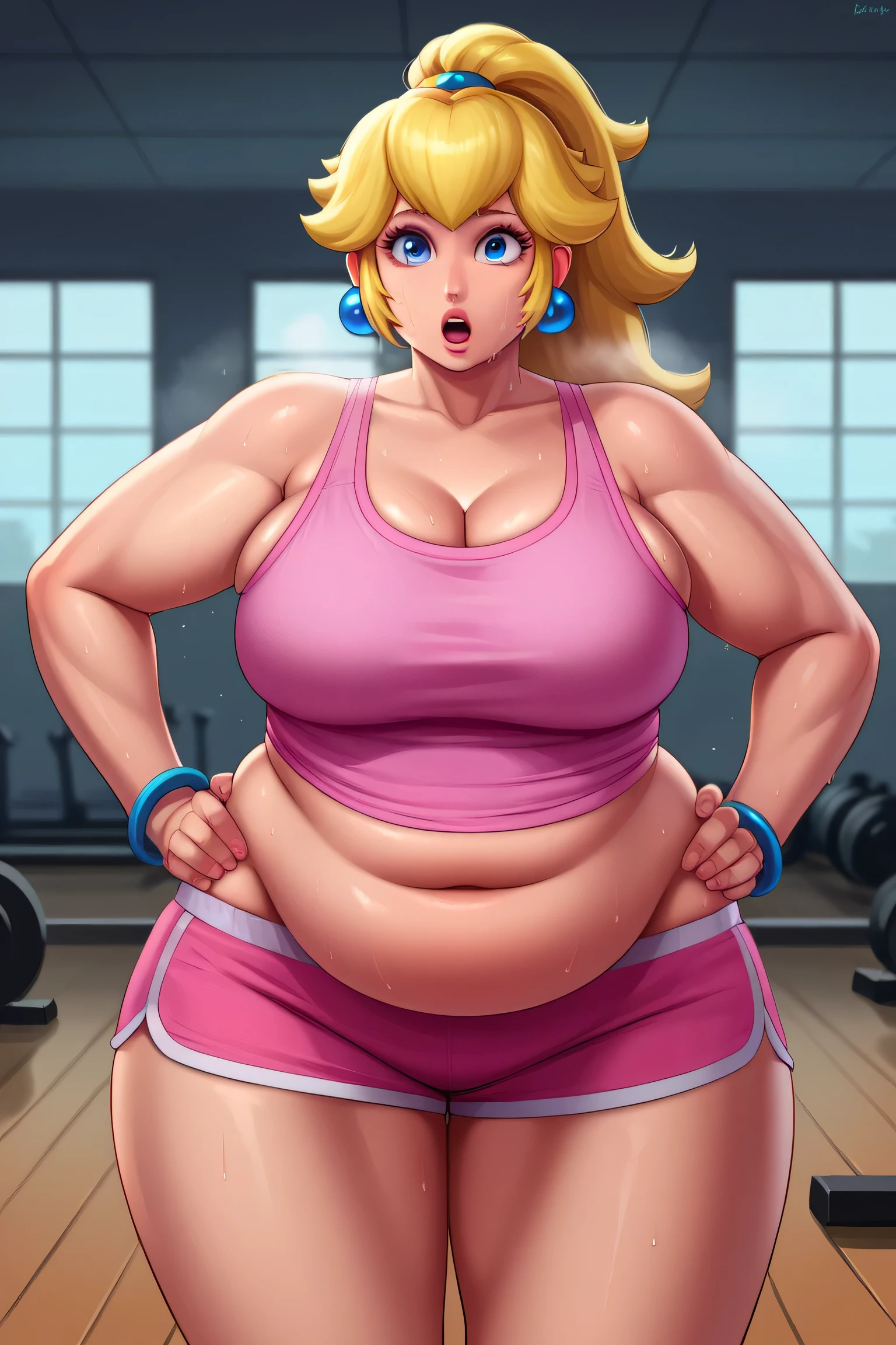 score_9, score_8_up, score_7_up, BREAK, 1girl, solo, princess peach, 1girl, solo, , blonde hair, ponytail, jewelry, bracelet, makeup, casual, cowboy shot, blue eyes, looking at the viewer, large breasts, hands on hips, pink tanktop, sweaty, pink shorts, sweating profusely, open mouth, exhausted, heavy breathing, puddle of sweat on the ground, steam coming out her mouth, gym, indoors, she wears pink shoes, thick, obese, soft belly, chubby, wide hips, sexy hips, half body, big belly, thicc thighs, chubby arms. 4k, HD, out of breath 
