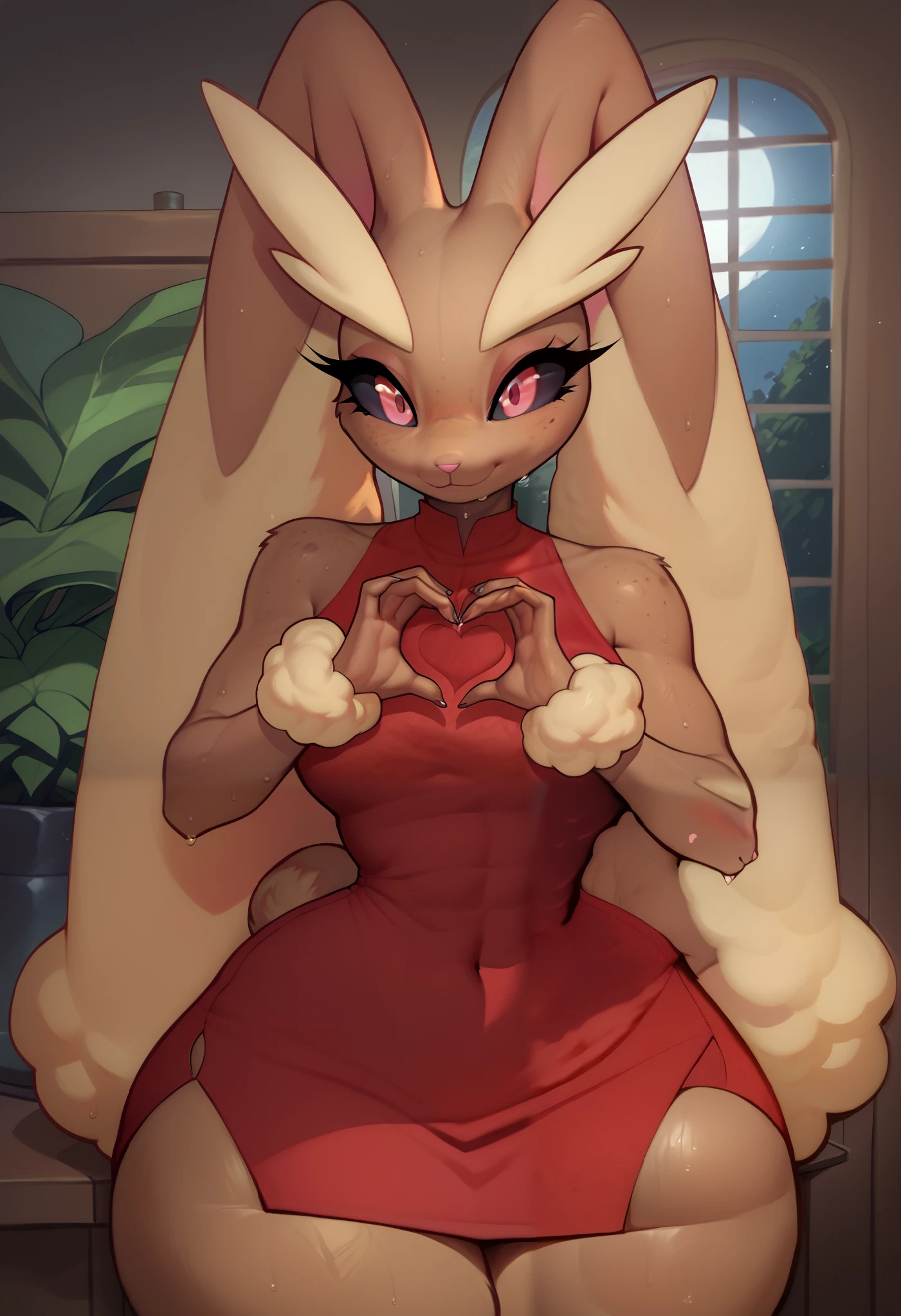 score_9, score_8_up, score_7_up,  Lopunny - Pokemon. 1girl, solo, anthro,   ,makeup,  perfect eyes, multicolored hair, wide hips, thick thighs, big boobs, beautiful body, perfect cute face, high detail, perfect cute face, high detail, perfect face, closeup, absurdres, highres, freckles, 1 girl , wet kawai girl, huge boobs, red dress, sleeveless dress, short dress, bare shoulders, finger heart, heart, upper body, seductive smile, indoors, dark enviroment, night,, score_9_up, score_8_up, score_7_up