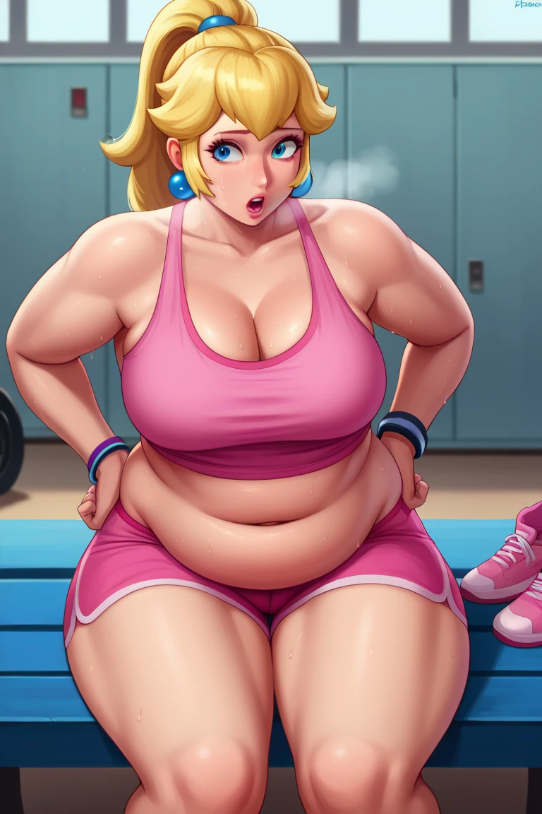 score_9, score_8_up, score_7_up, BREAK, 1girl, solo, princess peach, 1girl, solo, , blonde hair, ponytail, jewelry, bracelet, makeup, casual, cowboy shot, blue eyes, looking at the viewer, large breasts, hands on hips, pink tanktop, sweaty, pink shorts, sweating profusely, open mouth, exhausted, heavy breathing, puddle of sweat on the ground, steam coming out her mouth, gym, indoors, she wears pink shoes, thick, obese, soft belly, chubby, wide hips, sexy hips, half body, big belly, thicc thighs, chubby arms. 4k, HD, out of breath, sitting on the bench
