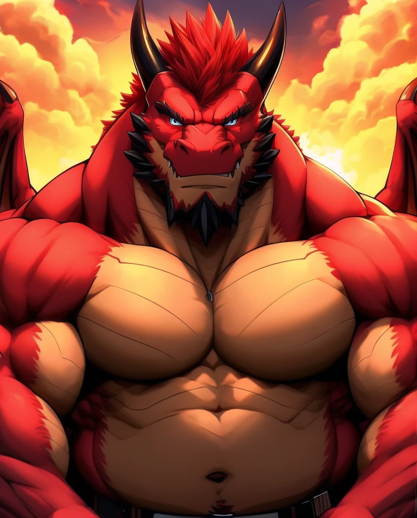 fat muscle daddy dragon furry , full body , (face detailed ) , (eyes detailed ) , red hair , heroic pose
