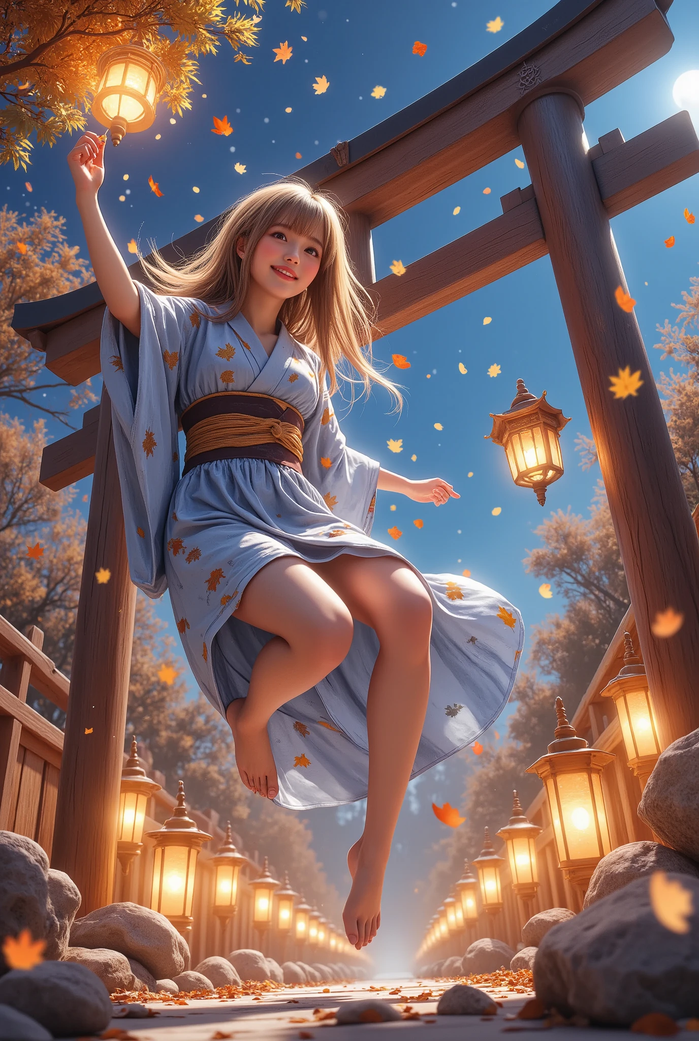 Impressionism style, Pointillism, soft dotted textures, deep autumn night tones, 1girl, trk,dynamic pose with one arm reaching up to catch falling maple leaves, cheerful expression, wide smile, slightly leaning forward, one leg playfully lifted, vibrant shrine maiden, flowing long hair with soft highlights, traditional yukata with bright maple leaf patterns, active and energetic movement, glowing autumn leaves gently falling, wooden torii gate illuminated by soft lantern light, starry night sky, shimmering moonlight filtering through trees, warm lanterns scattered around, dark blue and golden foliage, lively garden setting, scattered maple leaves on ground, Colors that naturally harmonize people and scenery, fantastic toning