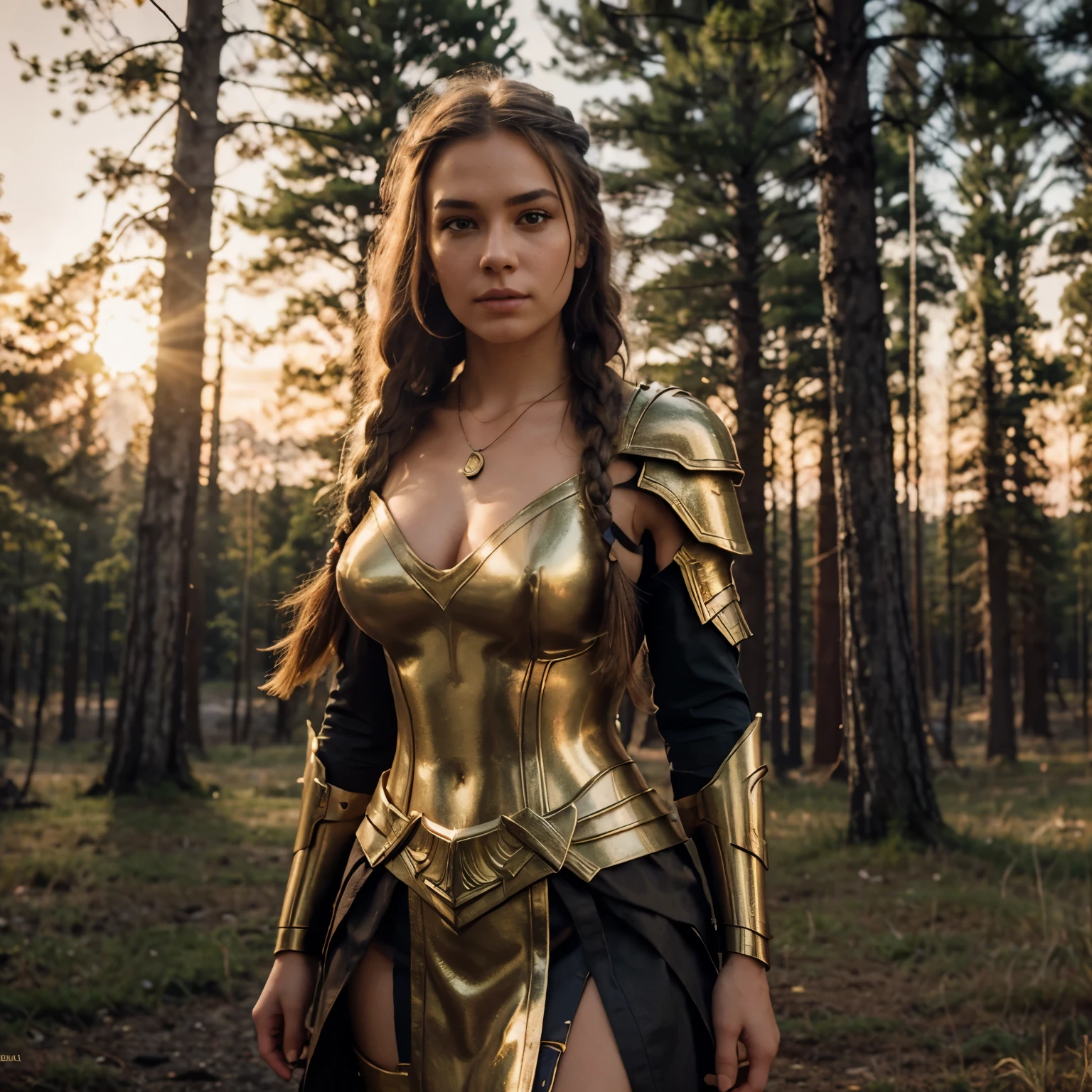 (Masterpiece artwork, best qualityer:1.5), highest quallity, high resolution, super verbose, realistic, Full body photo of a 22-year-old brunette warrior, with a crown on her head, detailed and beautiful eyes, beautiful detailed lips, very detailed eyes and face, long eyelashes, 22-year-old warrior in a noble medieval dress with long pants, Beautiful and colorful makeup, Bow and arrow guides, Gardens as a backdrop, soft daylight, shiny colors, fine brush strokes, Estilo Retrato, beautiful color palette, shining skin, First class rendering, that captures every detail, charming atmosphere, subtle shadows and lights, (Perfect Anatomia:1.2), (The dazzling 22-year-old archer warrior. (magnificent panorama view:1.2)