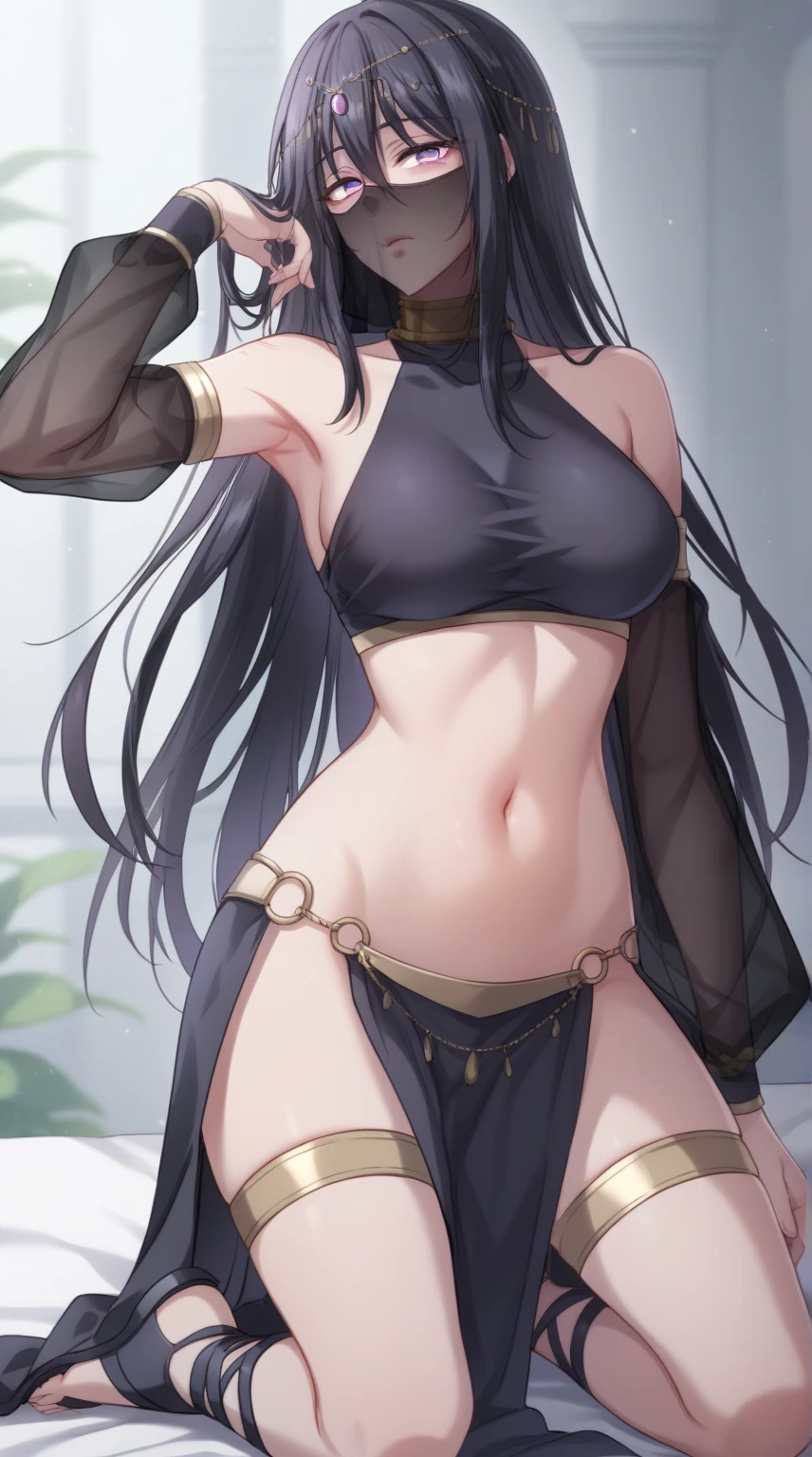 long hair, black hair, purple eyes, hair between eyes veil, mouth veil, circlet, arabian clothes, gold choker, turtleneck, covered collarbone, bare shoulders, black crop top, detached sleeves, see-through sleeves, midriff, navel, o-ring, waist cape, pelvic curtain gladiator sandals