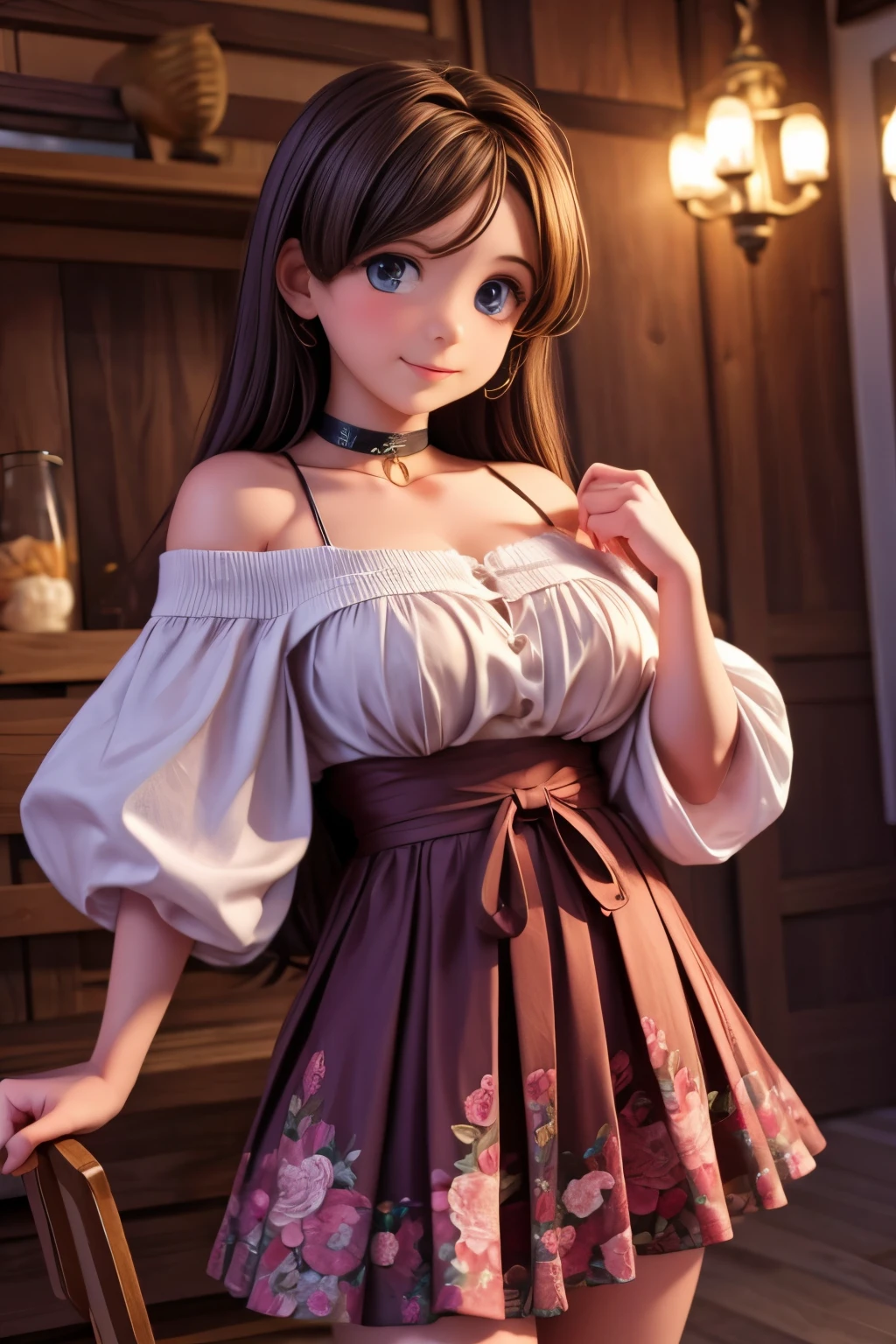 ( top quality , masterpiece),  1 girl,   Intricate Details ,  off shoulder,  skirt,  choker , frills,  see-through,Breasts and nipples are visible through :0.8, 勃起した乳首, viewers, ,  upper body, Blurred Background,  floral print ,  contrast post 