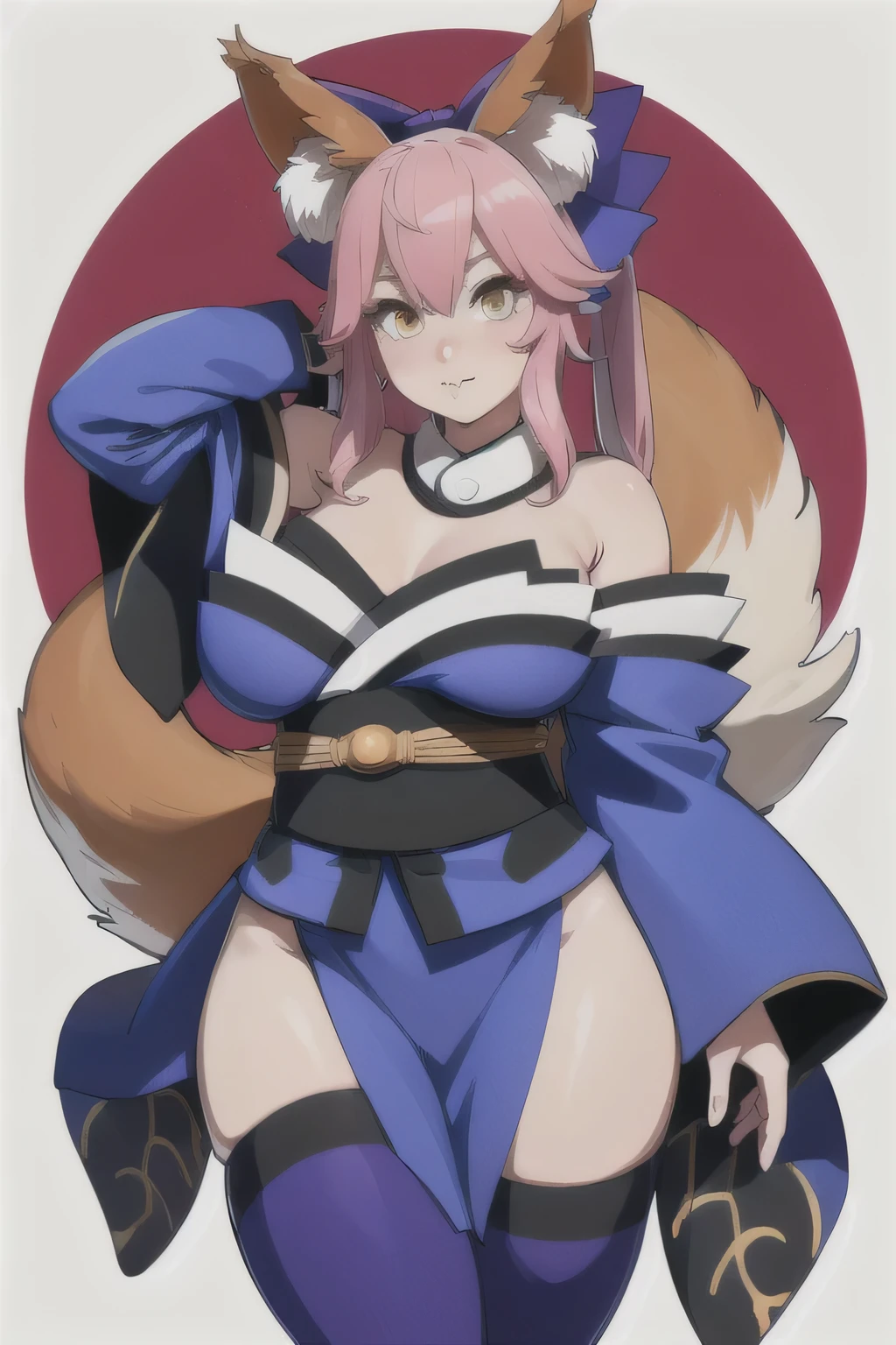 (  Masterpiece  ,  top quality :1.2), Alone,  1 girl, Tamamo no Mae, ,  hair bow,  fox ears, Blue Kimono, Sleeveless,  blue thigh high socks,  foxtail, Bare shoulders,Big Breasts