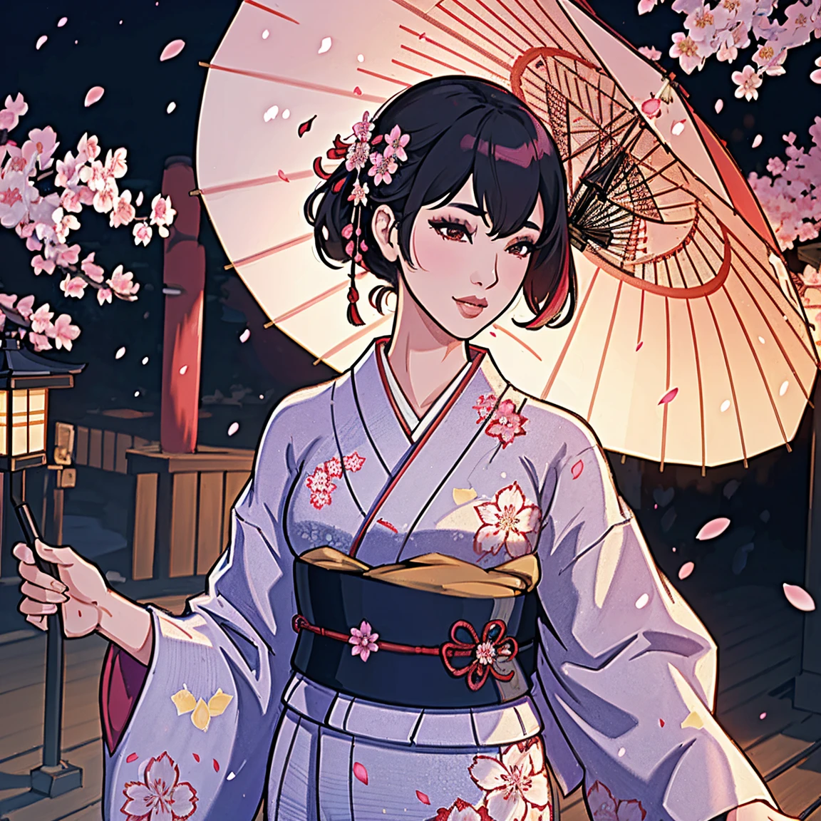 a girl wearing a yukata and an umbrella walking among cherry blossom petals, Japanese style, ((8k resolution, masterpiece, best quality, elaborate details)), ultra detailed, ultra sharp, perfect colors, perfectly shaded, perfect lighting, very detailed face, perfect anatomy,