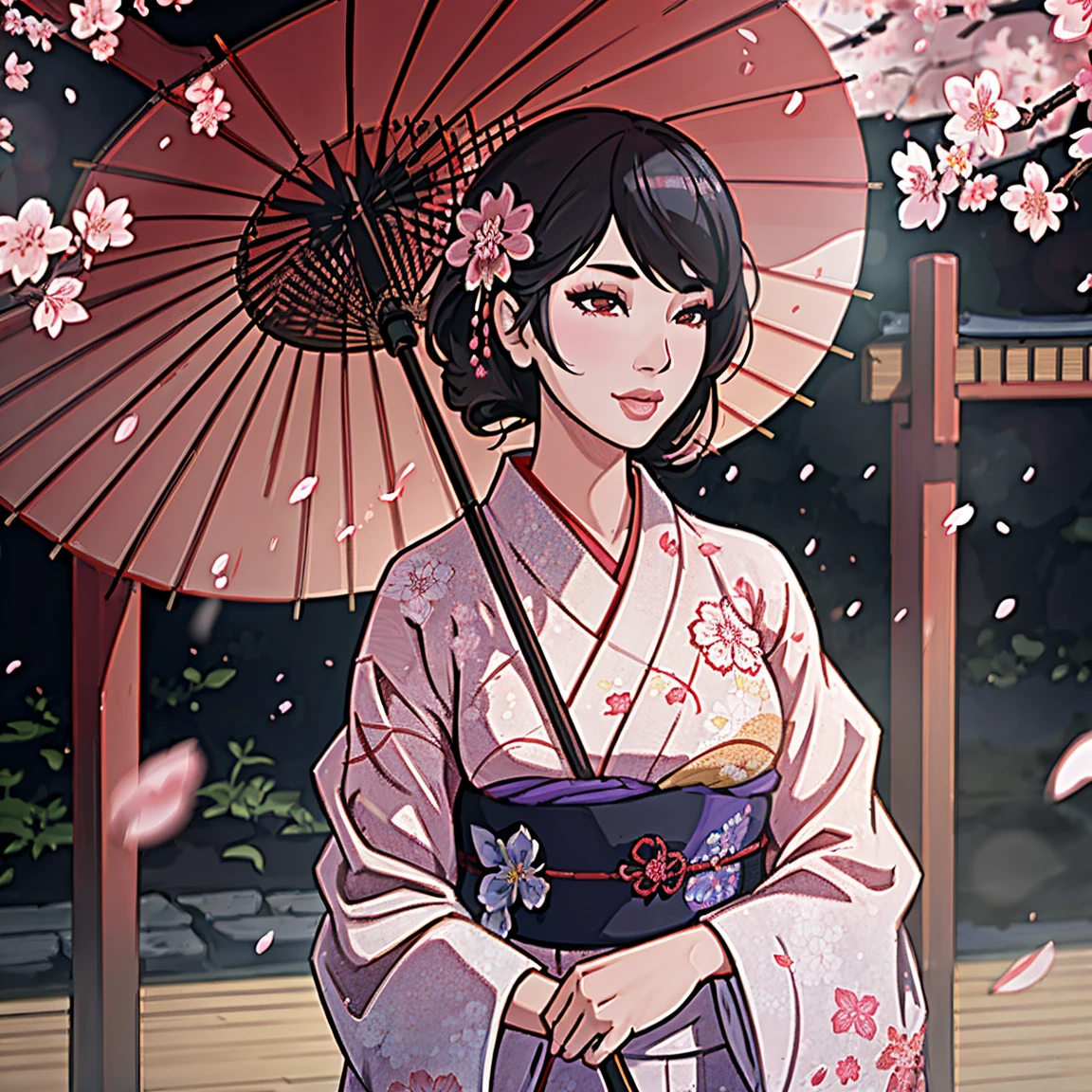 a girl wearing a yukata and an umbrella walking among cherry blossom petals, Japanese style, ((8k resolution, masterpiece, best quality, elaborate details)), ultra detailed, ultra sharp, perfect colors, perfectly shaded, perfect lighting, very detailed face, perfect anatomy,