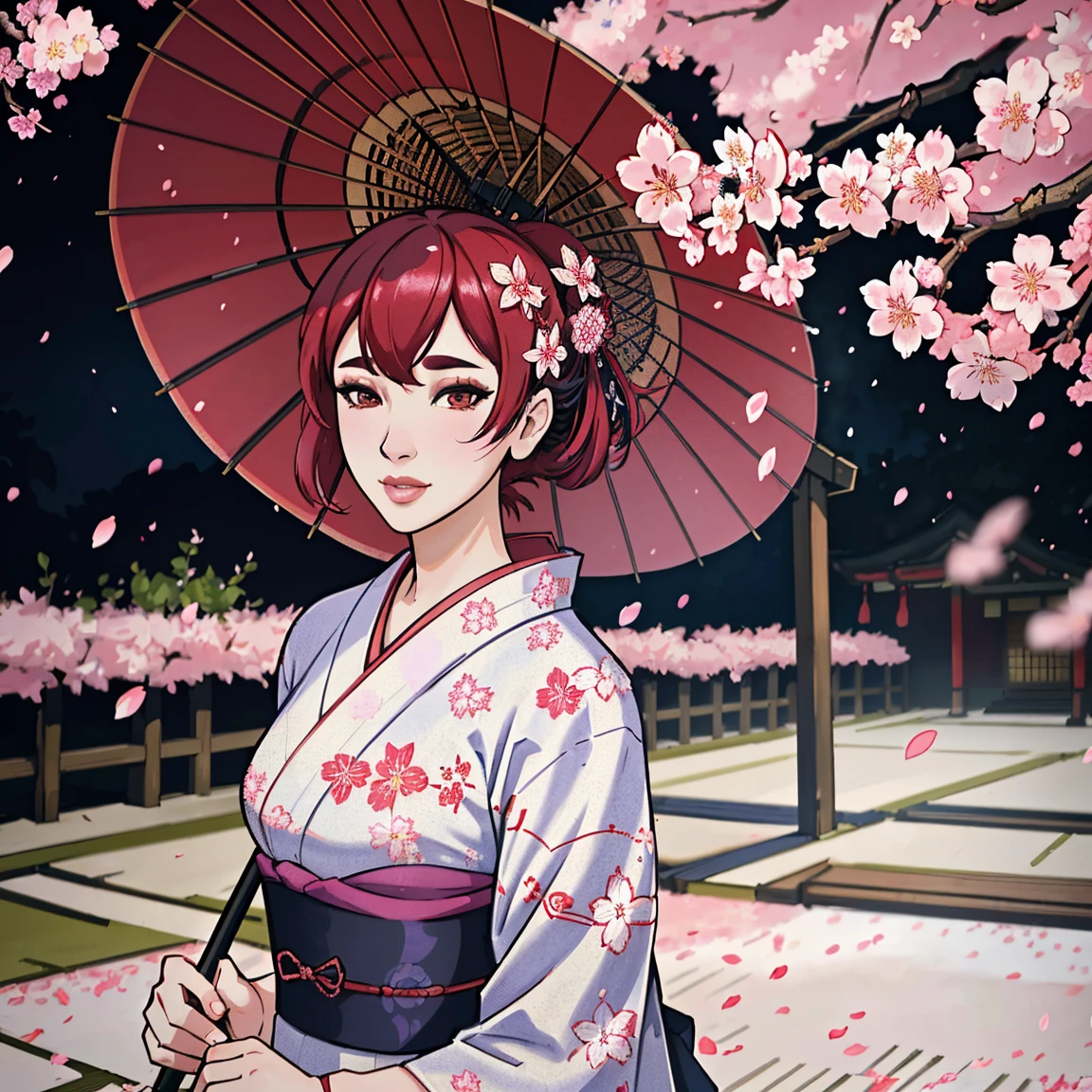 a girl wearing a yukata and an umbrella walking among cherry blossom petals, Japanese style, ((8k resolution, masterpiece, best quality, elaborate details)), ultra detailed, ultra sharp, perfect colors, perfectly shaded, perfect lighting, very detailed face, perfect anatomy,