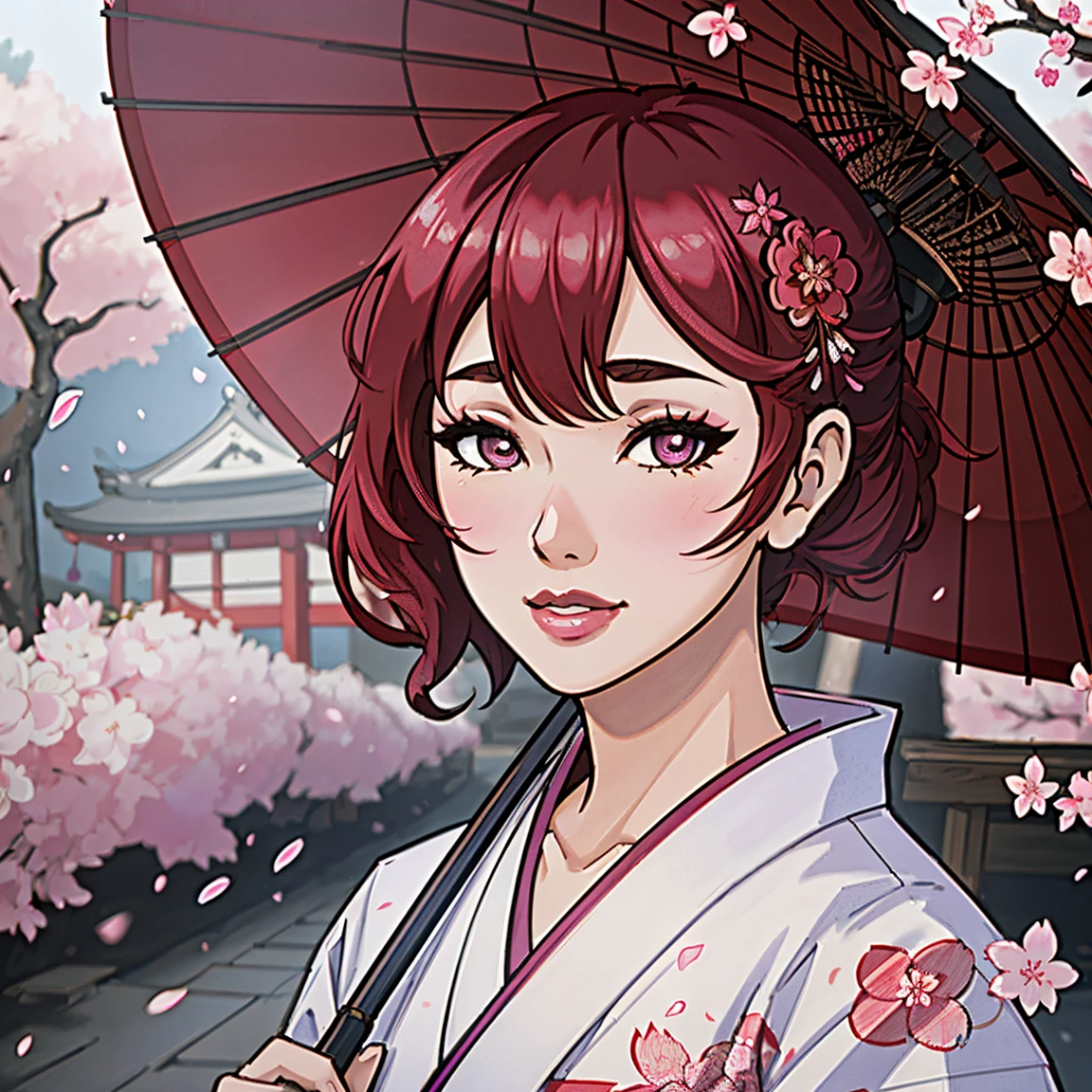 a girl wearing a yukata and an umbrella walking among cherry blossom petals, Japanese style, ((8k resolution, masterpiece, best quality, elaborate details)), ultra detailed, ultra sharp, perfect colors, perfectly shaded, perfect lighting, very detailed face, perfect anatomy,