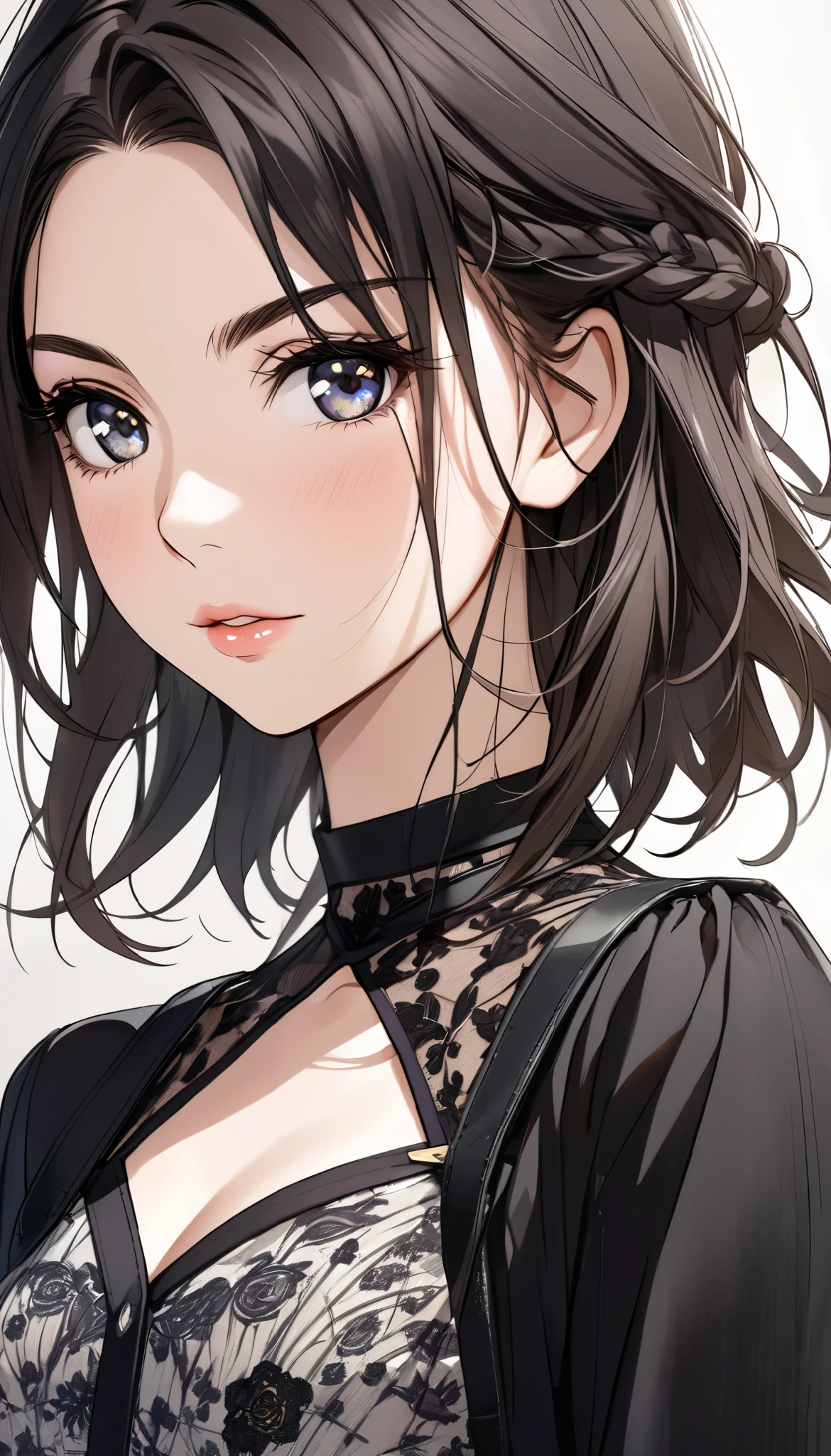 Masterpiece, best quality, (detailed background), high contrast, 1 girl, highly detailed face, wide shot portrait, smiling face, magnificent dress, looking to the sky, flower background, clean line drawings,