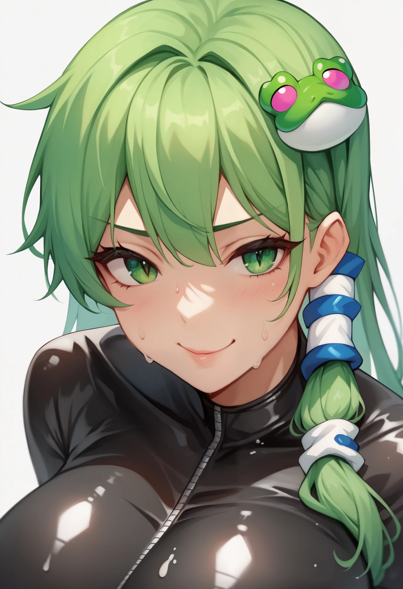 (masterpiece, Highest quality, Ultra-high resolution), 1girl, Kochiya Sanae,  green hair, long hair, green eyes, frog hair ornament, hair tubes, snake hair ornament,  huge breasts, gigantic breasts, (latex bodysuit), cyber bodysuit, The clothes fit perfectly, latex has a strong metallic sheen, Glossiness, shiny, whole body slimy, Sweat, Stuffy, steamy, Glossiness, cute face, anime face, ラテックスに包まれた胸, milk dripping, lewd face, sexy face
