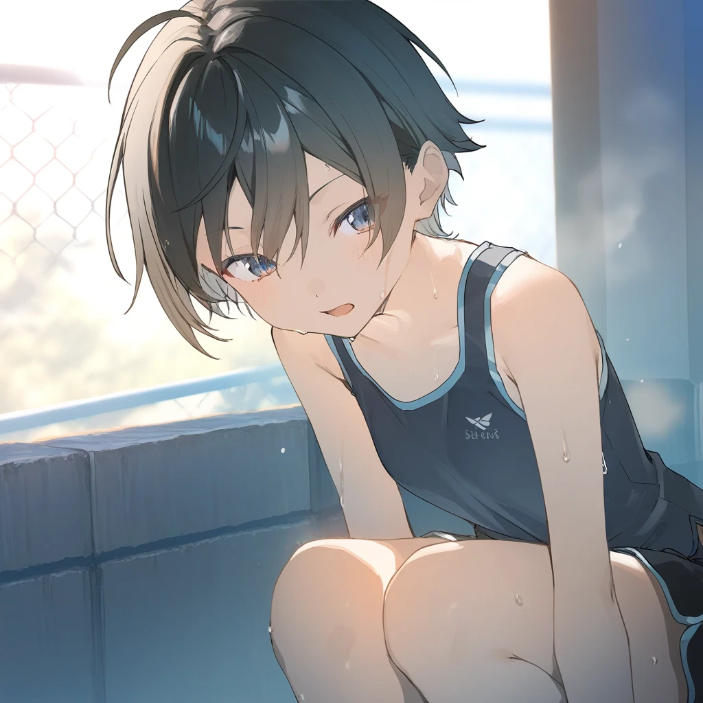 6 year old Japanese boy with brown hair, whole body, Tank top、Take off your black underwear, [Champion Clothing], Sitting on the toilet, Old body in the bathroom, amount, View from below, close