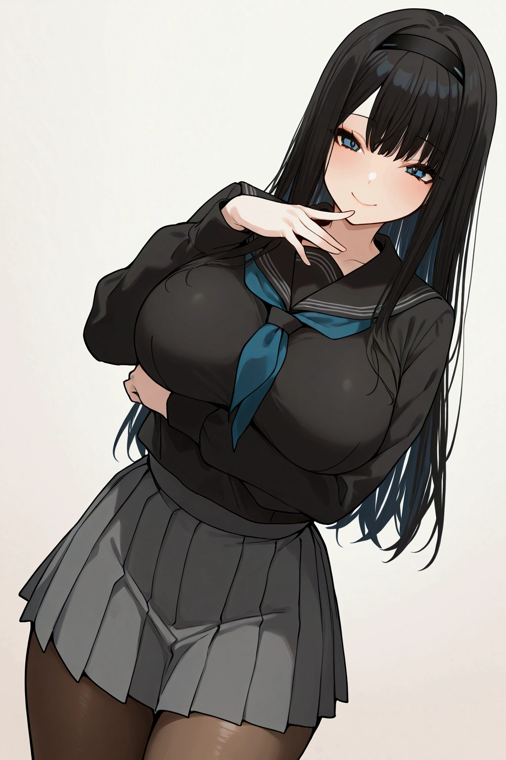 alone, girl , Haruka morishima, black hair, black-white headband, blue eyes.straight hair with bangs are wavy near the end, sweet smile,black school uniform, grey skirt, perfect tights, Big breast, teasing smile, warm gaze, femenine pose, perfect scene, masterpiece, score 10, anime colors, sideways, american shot, beautiful, composition, harmony, high quality, beautiful, feminine