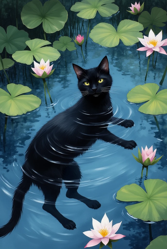 painting of a black cat swimming At the pond with lily pads, a  Digital Paint inspired by Studio Ghibli, conceptual art ,At the pond, a cat swimming in water, liquid cat, cat tail, cat.  Digital Paint, Studio Ghibli style paint , half face and tail sticking out of the pond , body is invisible in the pond ,ripple,Lotus leaf, Dutch Angle, Overlooking, 