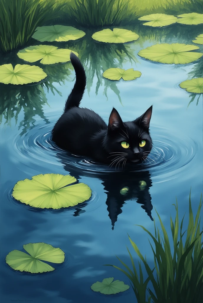 painting of a black cat swimming At the pond with lily pads, a  Digital Paint inspired by Studio Ghibli, conceptual art ,At the pond, a cat swimming in water, liquid cat, cat tail, cat.  Digital Paint, Studio Ghibli style paint , half face and tail sticking out of the pond , body is invisible in the pond ,ripple,Lotus leaf, Dutch Angle, Overlooking, 