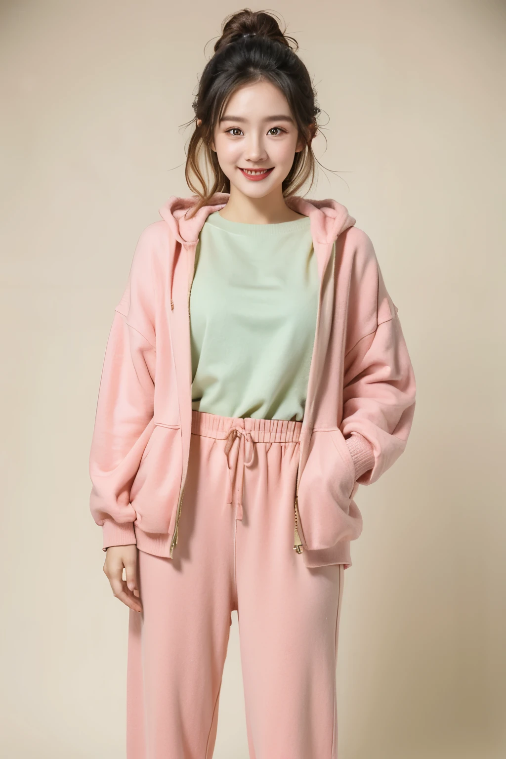 ( masterpiece ), ( best quality ), ( ultra-detailed), ( full body: 1.2) pretty and cute, topic fruits, hood, colorful sweatshirt, Knitted jumpsuits, Pants, jacket, blouse, clear smile, full body, :3, pastel tone background , colorful and simple .