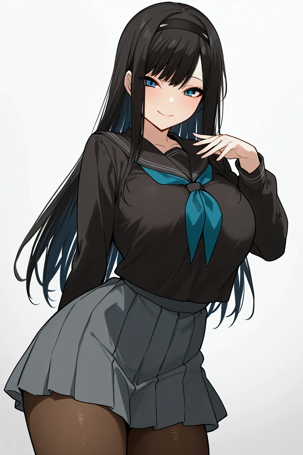 alone, girl , Haruka morishima, black hair, black-white headband, blue eyes.straight hair with bangs are wavy near the end, sweet smile,black school uniform, grey skirt, perfect tights, Big breast, teasing smile, warm gaze, femenine pose, perfect scene, masterpiece, score 10, anime colors, sideways, american shot, beautiful, composition, harmony, high quality, beautiful, feminine