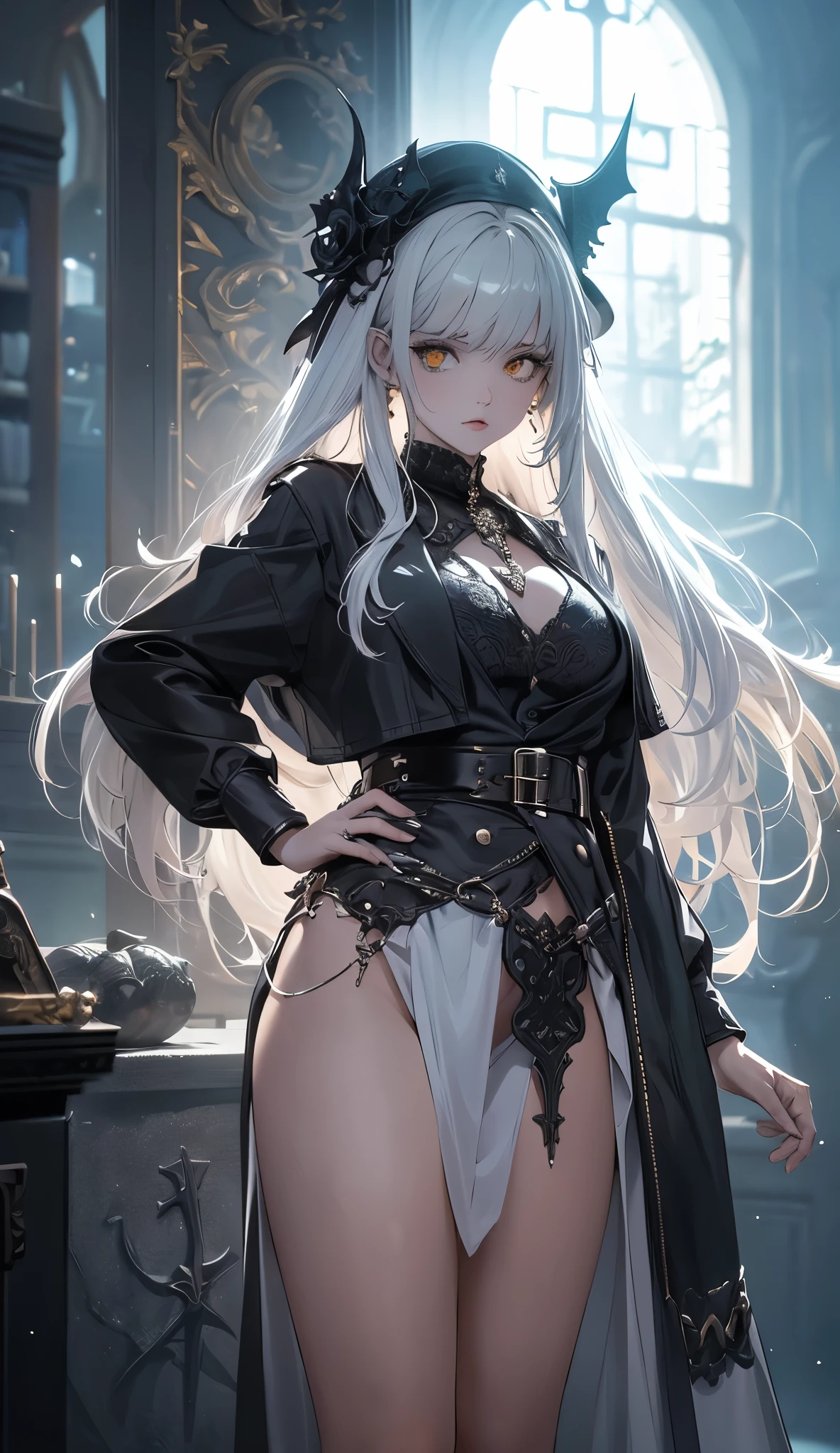 1girl, yelow eyes, white long hair, (((female necromancer))),  a necromancer gilr, vestes de necromancer, vestes de fumaça, gothic necromancer, superioridade, olhar frisado de despreso, decote, background escuro, full body, masterpiece, best quality, Necromancer gilr, corpo inteiro