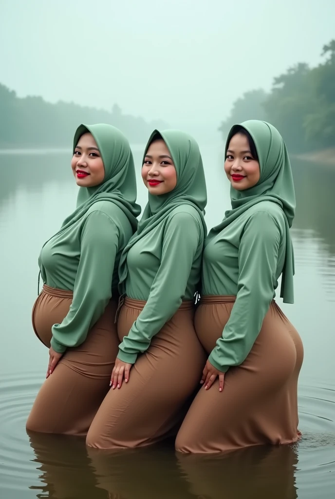two fat chubby fat belly hijab beauty moms wearing green dress