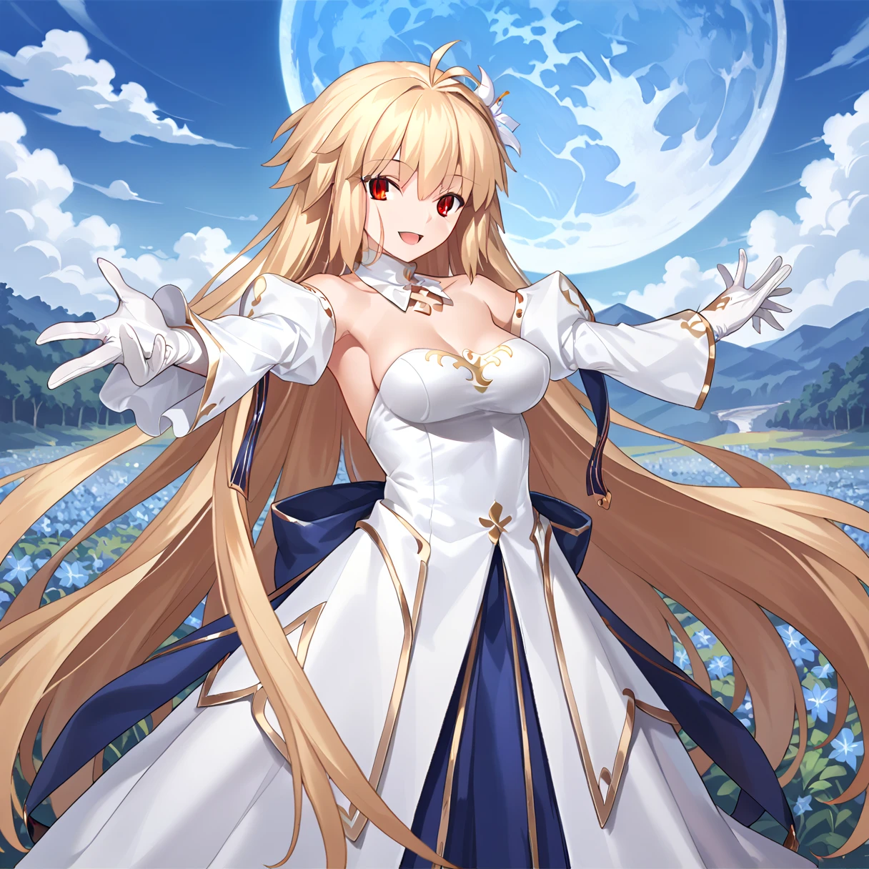  1 girl, Alone, (arc_1:1.2),  long hair,  red eyes, (slit pupils:1.1), very  long hair,   antenna hair, bangs,   hair intake ,   dress, Separate sleeves, chest,  gloves, Blonde, Bare shoulders, Blonde,  clevis on a stone,   Detached Color, white  gloves, strapless  dress, white  dress,   blue skirt,  Gold Trim , Flower Field,  full moon,   knight ,   knight  sky, smile,  watching viewers ,  standing with different breasts ,  Outstretched Arms , palm ,  facing the front,  Good move, 
score_9, score_8_up, score_7_up, masterpiece,
