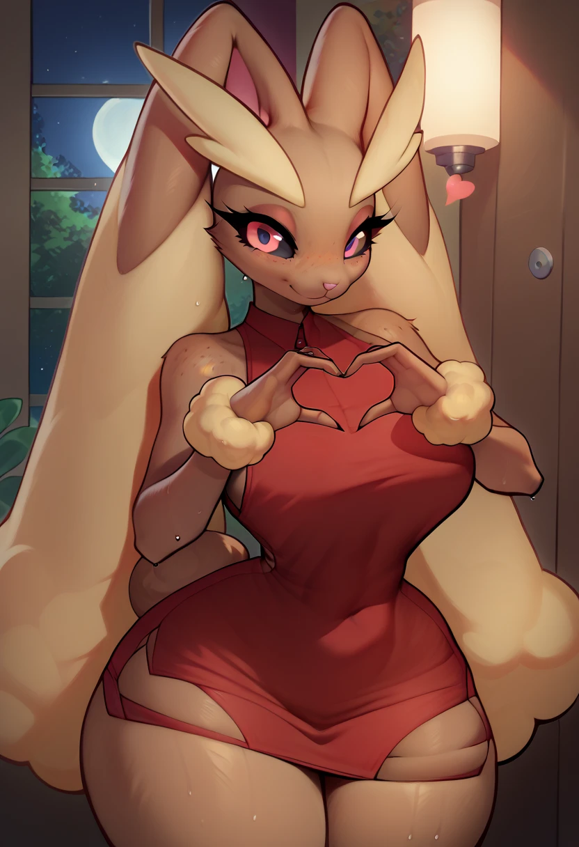 score_9, score_8_up, score_7_up,  Lopunny - Pokemon. 1girl, solo, anthro,   ,makeup,  perfect eyes, multicolored hair, hips, thighs, big boobs, beautiful body, perfect cute face, high detail, perfect cute face, high detail, perfect face, closeup, absurdres, highres, freckles, 1 girl , wet kawai girl, huge boobs, red dress, sleeveless dress, short dress, bare shoulders, finger heart, heart, upper body, seductive smile, indoors, dark enviroment, night,, score_9_up, score_8_up, score_7_up