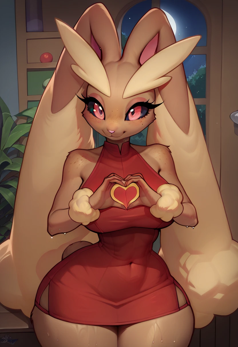 score_9, score_8_up, score_7_up,  Lopunny - Pokemon. 1girl, solo, anthro,   ,makeup,  perfect eyes, multicolored hair, hips, thighs, big boobs, beautiful body, perfect cute face, high detail, perfect cute face, high detail, perfect face, closeup, absurdres, highres, freckles, 1 girl , wet kawai girl, huge boobs, red dress, sleeveless dress, short dress, bare shoulders, finger heart, heart, upper body, seductive smile, indoors, dark enviroment, night,, score_9_up, score_8_up, score_7_up