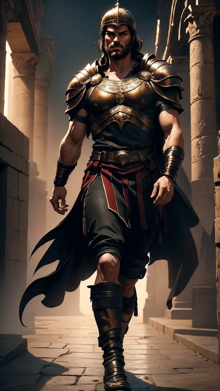 a 45 year old man, black hair, helmet ,prince of troy ,hector of troy, (best quality,4k,8k,highres,masterpiece:1.2),ultra-detailed,(realistic,photorealistic,photo-realistic:1.37),hyperrealistic,cinematic lighting,extremely detailed face and body,dramatic pose,epic scale,dramatic lighting,dark moody colors,chiaroscuro lighting,dramatic shadows, on the war, whole body, comic style, walking, in combat, show the feets