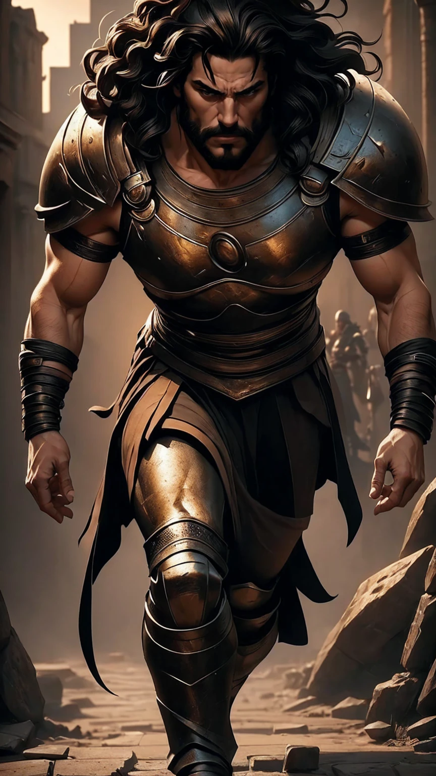 a 45 year old man, black hair, helmet ,prince of troy ,hector of troy, (best quality,4k,8k,highres,masterpiece:1.2),ultra-detailed,(realistic,photorealistic,photo-realistic:1.37),hyperrealistic,cinematic lighting,extremely detailed face and body,dramatic pose,epic scale,dramatic lighting,dark moody colors,chiaroscuro lighting,dramatic shadows, on the war, whole body, comic style, walking, in combat, show the feets