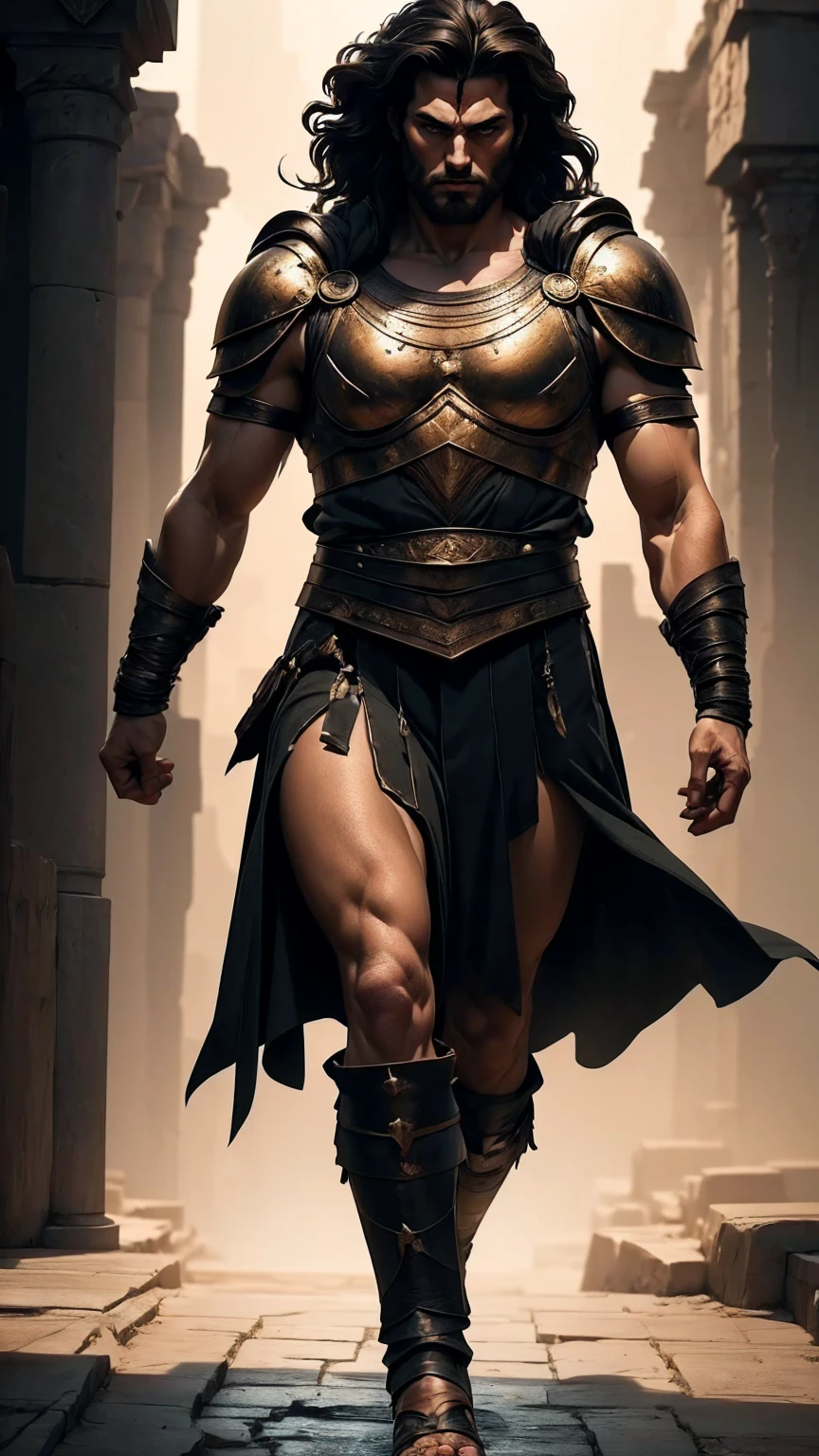 a 45 year old man, black hair, helmet ,prince of troy ,hector of troy, (best quality,4k,8k,highres,masterpiece:1.2),ultra-detailed,(realistic,photorealistic,photo-realistic:1.37),hyperrealistic,cinematic lighting,extremely detailed face and body,dramatic pose,epic scale,dramatic lighting,dark moody colors,chiaroscuro lighting,dramatic shadows, on the war, whole body, comic style, walking, in combat, show the feets