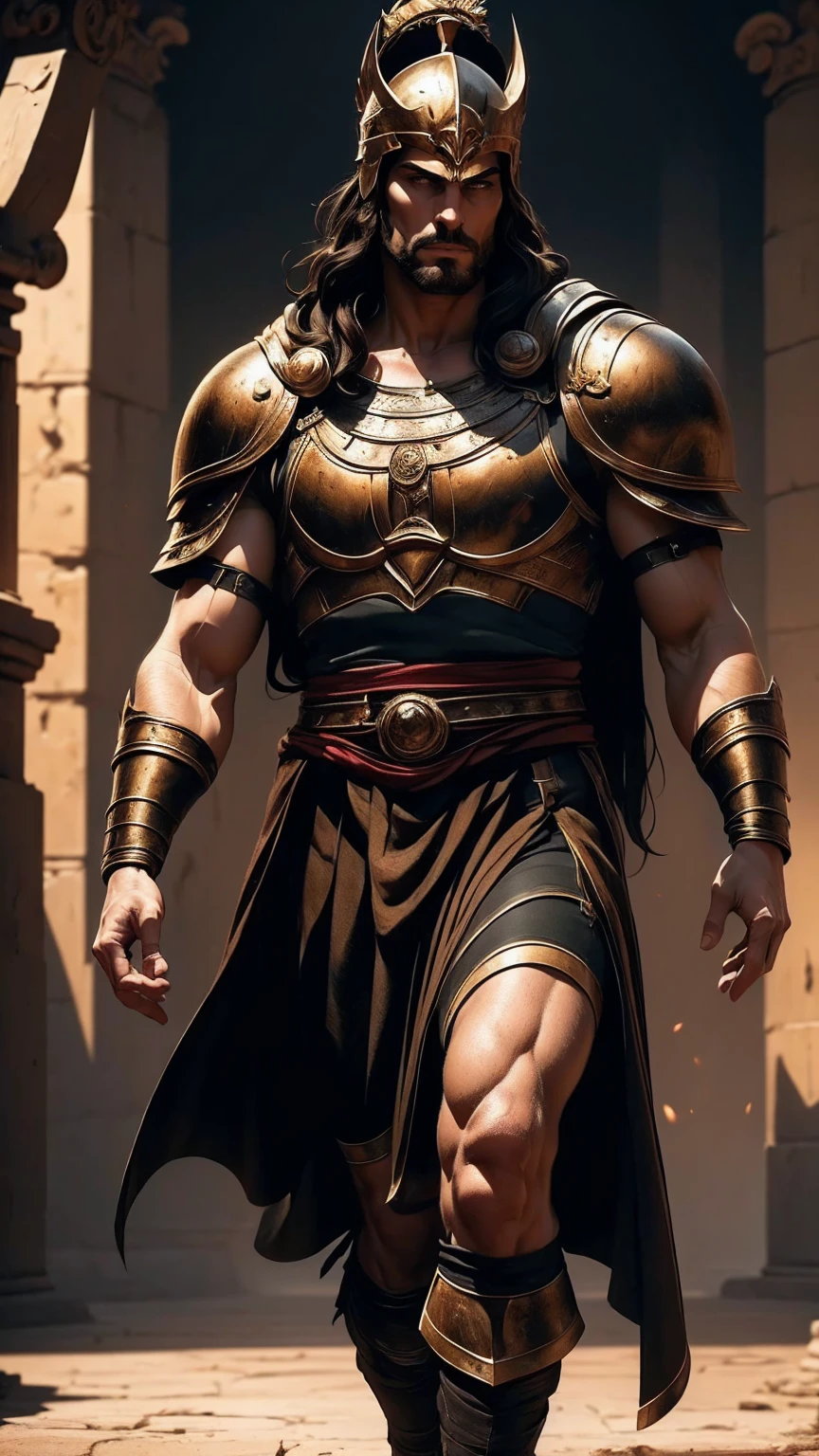 a 45 year old man, black hair, helmet ,prince of troy ,hector of troy, (best quality,4k,8k,highres,masterpiece:1.2),ultra-detailed,(realistic,photorealistic,photo-realistic:1.37),hyperrealistic,cinematic lighting,extremely detailed face and body,dramatic pose,epic scale,dramatic lighting,dark moody colors,chiaroscuro lighting,dramatic shadows, on the war, whole body, comic style, walking, in combat, show the feets