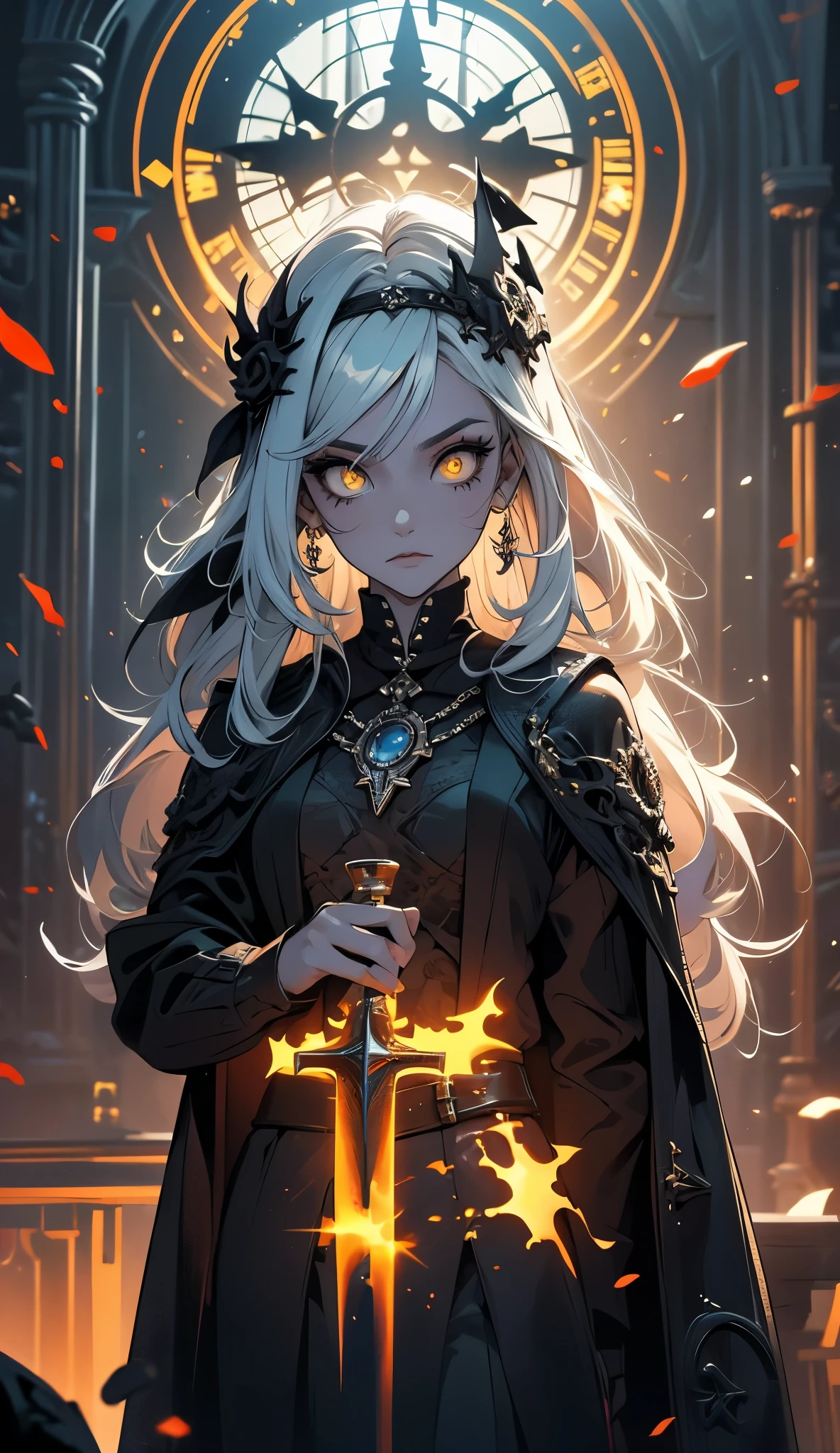 1girl, yelow eyes, white long hair, (((female necromancer))),  a necromancer gilr, vestes de necromancer, vestes de fumaça, gothic necromancer, superioridade, olhar frisado de despreso, decote, background escuro, full body, masterpiece, best quality, Necromancer gilr, corpo inteiro